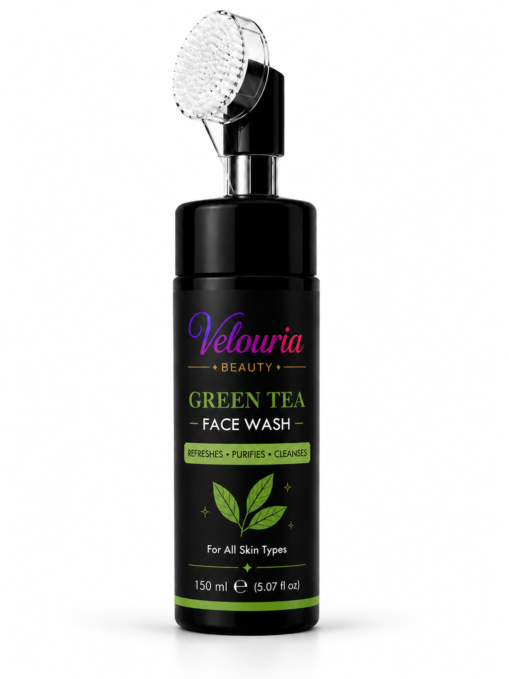 Velouria Beauty Face Wash with Built-in Soft Brush | Deep Cleansing & Glow Boosting Face Cleanser for Men & Women | Brightens, Cleanses & Refreshes | For All Skin Types | 150 ml (Green Tea Facewash 150ml)