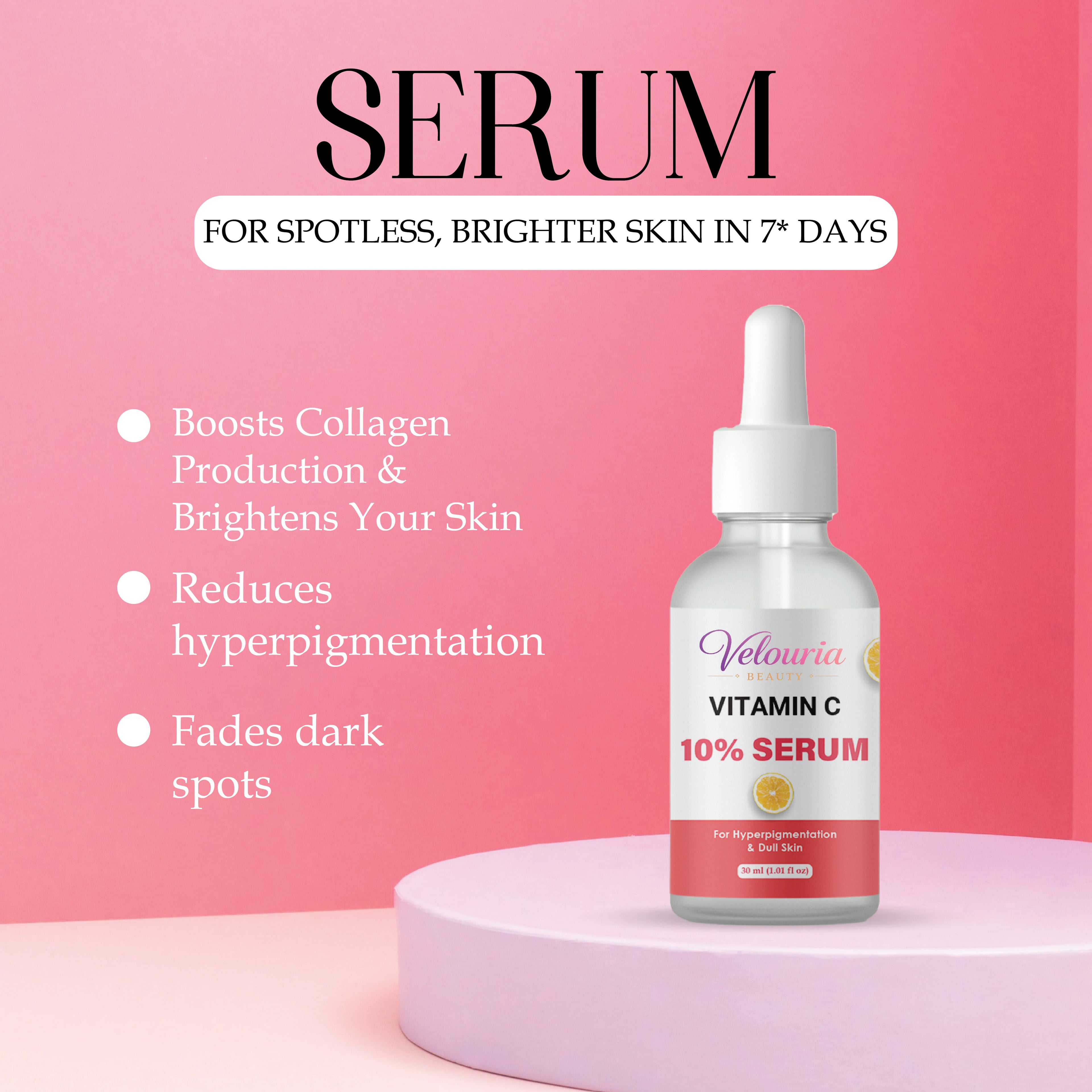 Velouria Beauty Vitamin C 10% Serum, Dull Skin, Blemish Reduction, Unscented, 30 ml