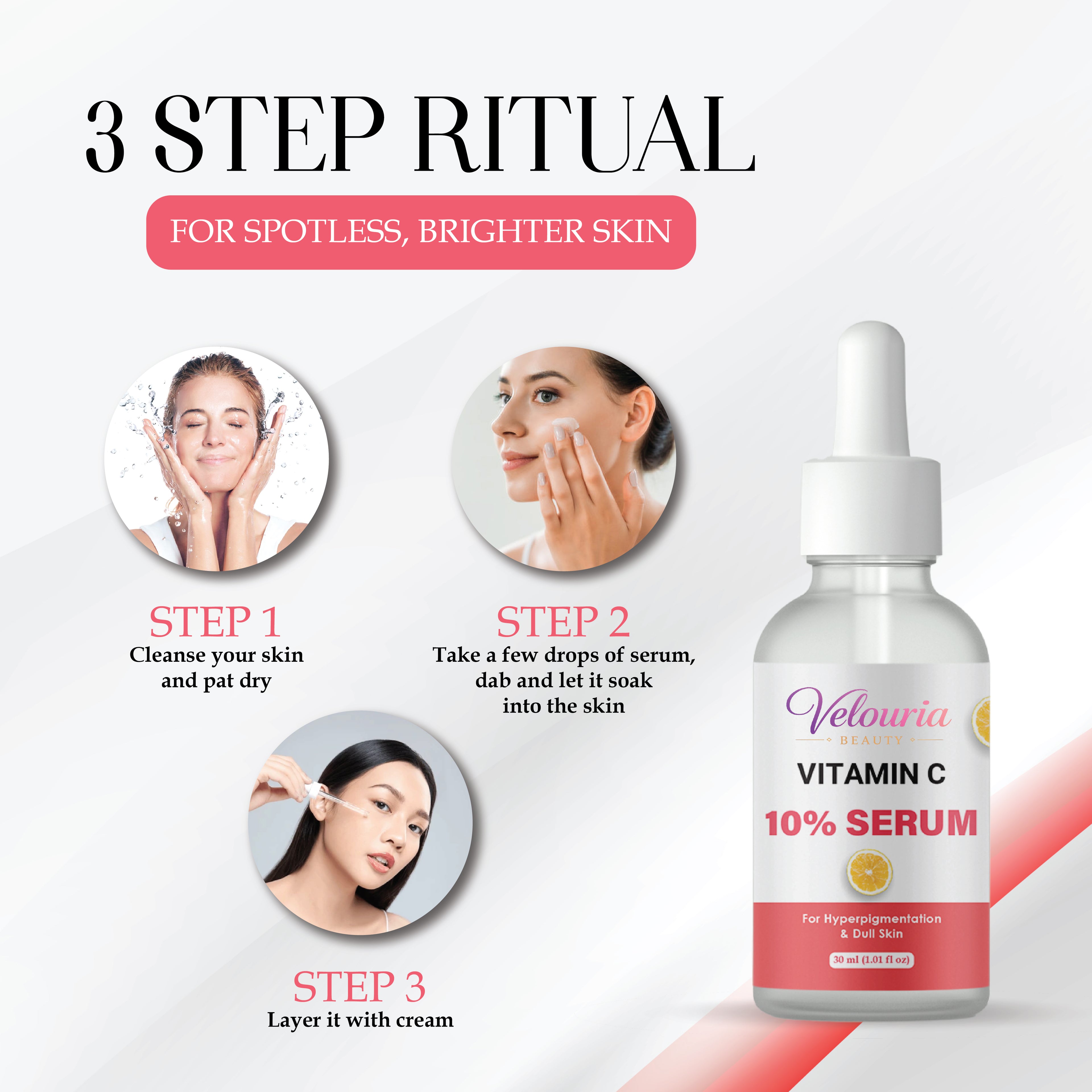 Velouria Beauty Vitamin C 10% Serum, Dull Skin, Blemish Reduction, Unscented, 30 ml
