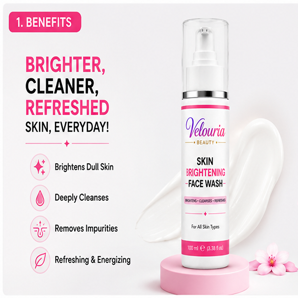 Velouria Beauty Face Wash for Glowing & Fresh Skin | Deep Cleansing Daily Face Cleanser for Men & Women | Brightens, Cleanses & Refreshes | For All Skin Types | 100 ml (Skin Brightening Facewash 100ml)