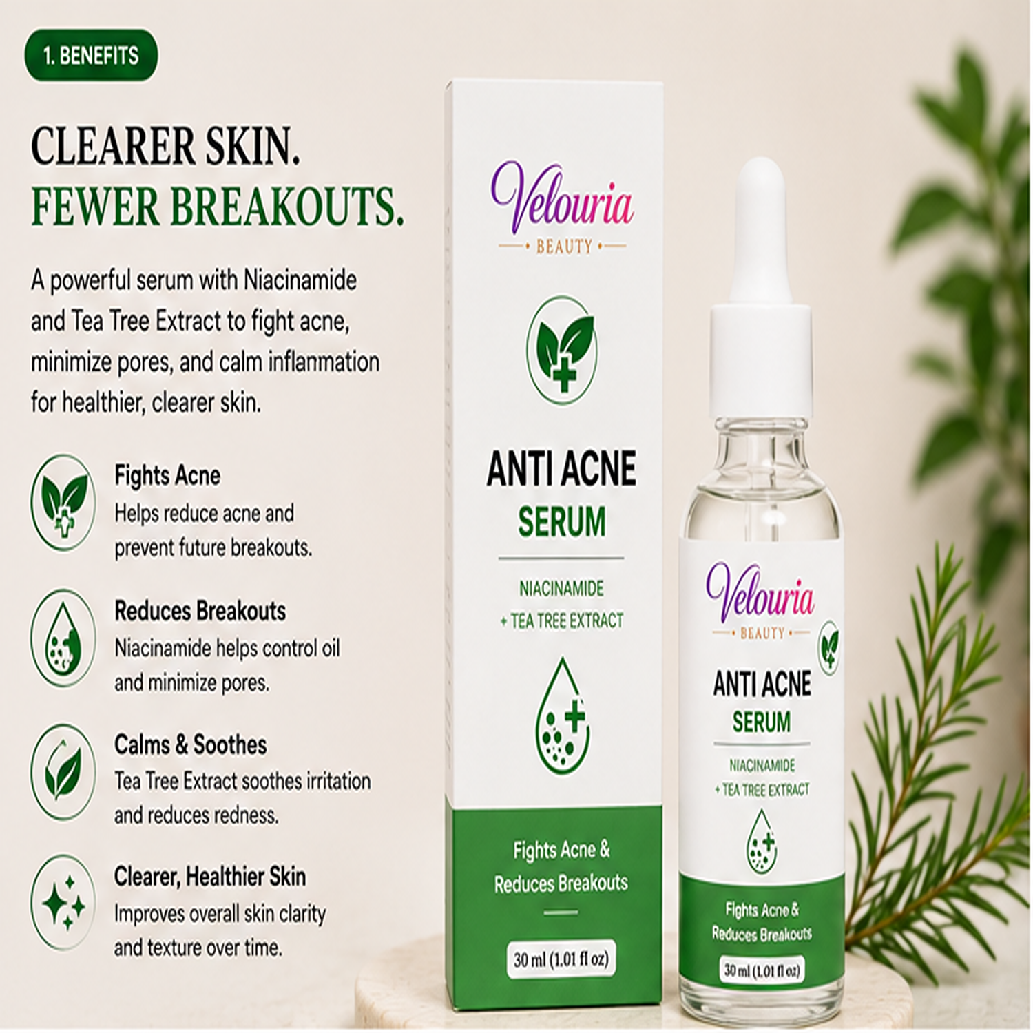 Velouria Beauty Anti Acne Face Serum Tea Tree Extract | Acne Control & Pimple Reduction Serum for Men & Women | Lightweight Oil Control Formula | 30 ml (Anti Acne Serum)