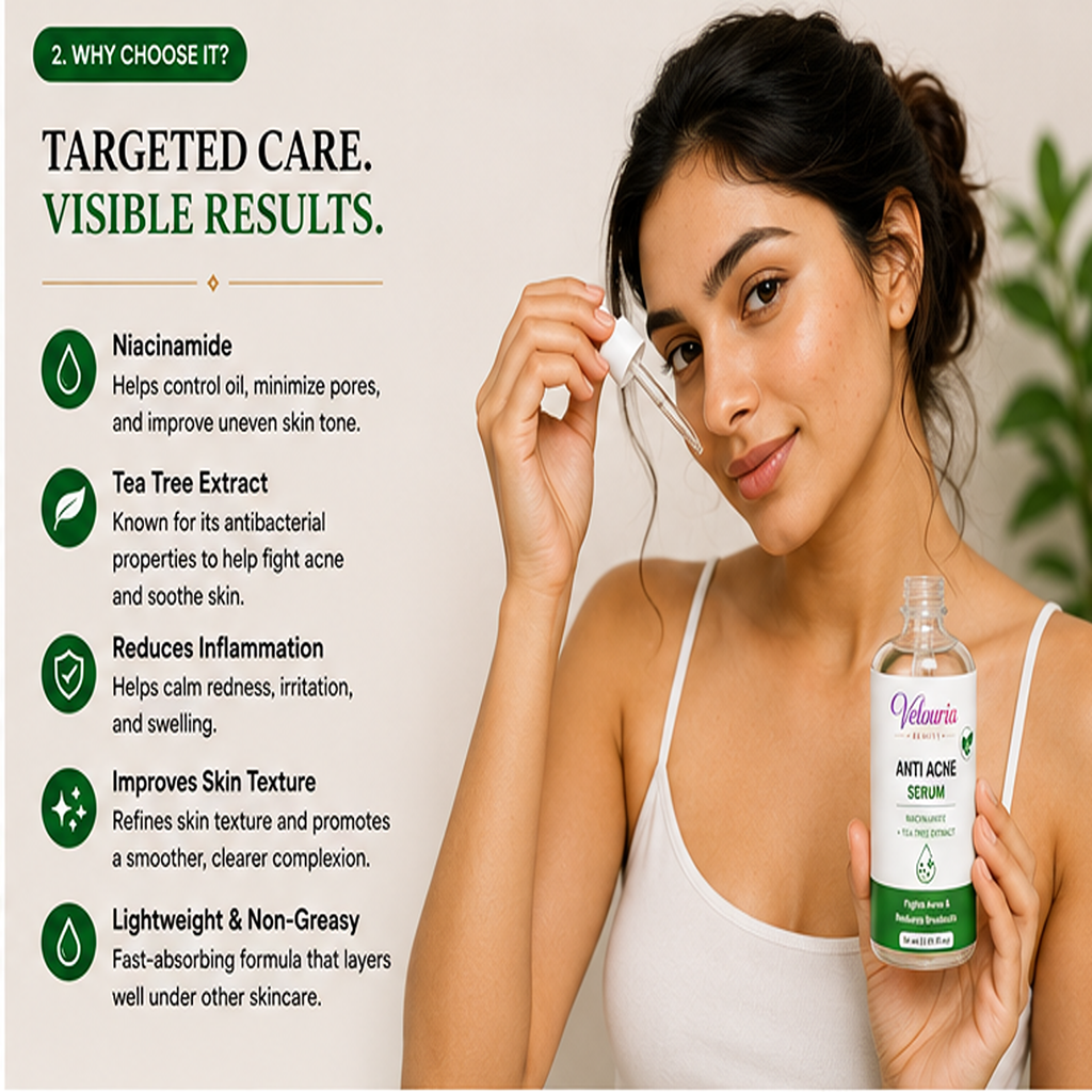 Velouria Beauty Anti Acne Face Serum Tea Tree Extract | Acne Control & Pimple Reduction Serum for Men & Women | Lightweight Oil Control Formula | 30 ml (Anti Acne Serum)