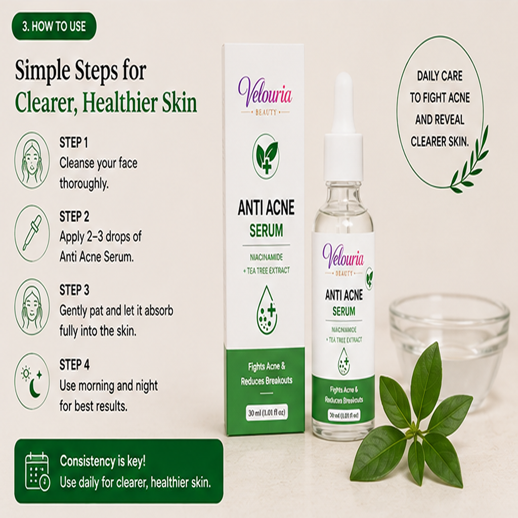 Velouria Beauty Anti Acne Face Serum Tea Tree Extract | Acne Control & Pimple Reduction Serum for Men & Women | Lightweight Oil Control Formula | 30 ml (Anti Acne Serum)