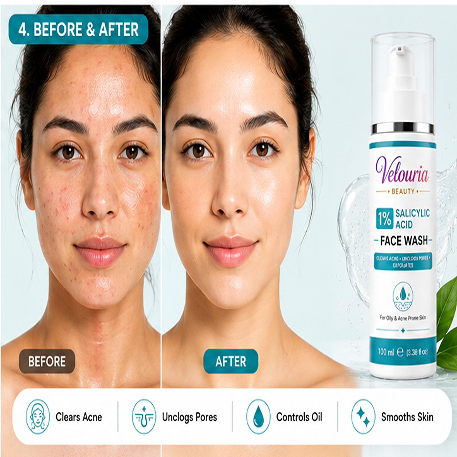 Velouria Beauty Face Wash for Glowing & Fresh Skin | Deep Cleansing Daily Face Cleanser for Men & Women | Brightens, Cleanses & Refreshes | For All Skin Types | 100 ml (1% Salicylic Acid Facewash 100ml)