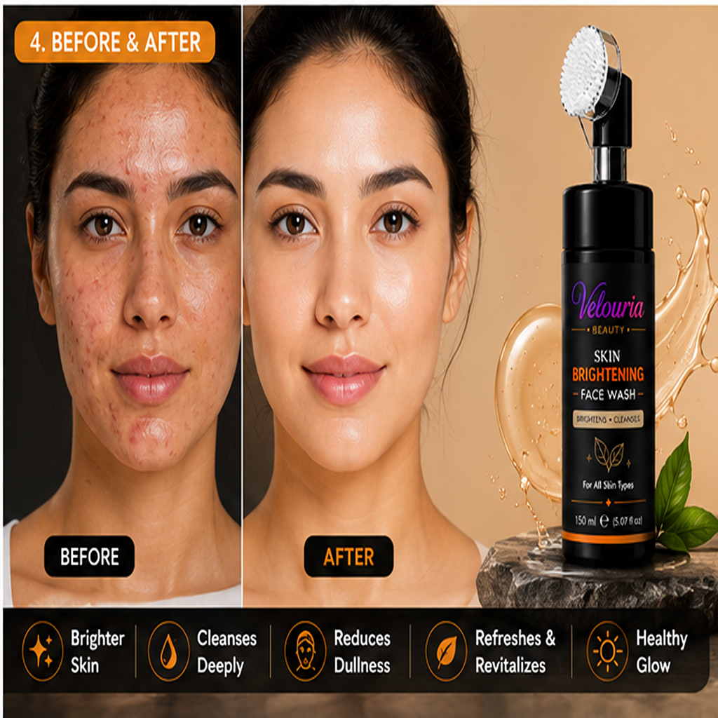 Velouria Beauty Face Wash with Built-in Soft Brush | Deep Cleansing & Glow Boosting Face Cleanser for Men & Women | Brightens, Cleanses & Refreshes | For All Skin Types | 150 ml (Skin Brightening Facewash 150ml)
