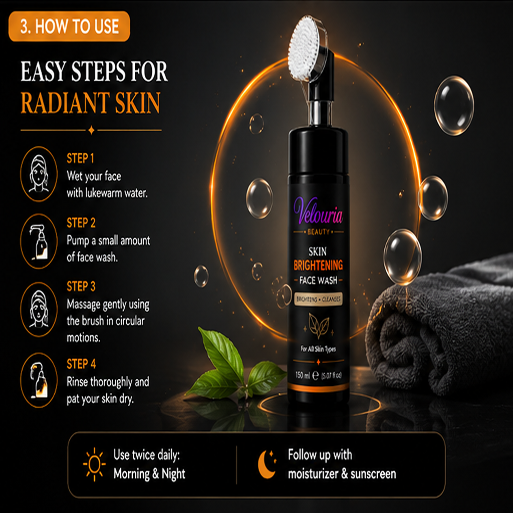 Velouria Beauty Face Wash with Built-in Soft Brush | Deep Cleansing & Glow Boosting Face Cleanser for Men & Women | Brightens, Cleanses & Refreshes | For All Skin Types | 150 ml (Skin Brightening Facewash 150ml)