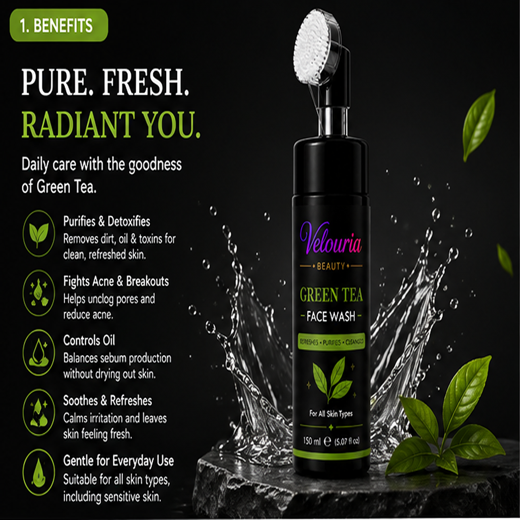Velouria Beauty Face Wash with Built-in Soft Brush | Deep Cleansing & Glow Boosting Face Cleanser for Men & Women | Brightens, Cleanses & Refreshes | For All Skin Types | 150 ml (Green Tea Facewash 150ml)