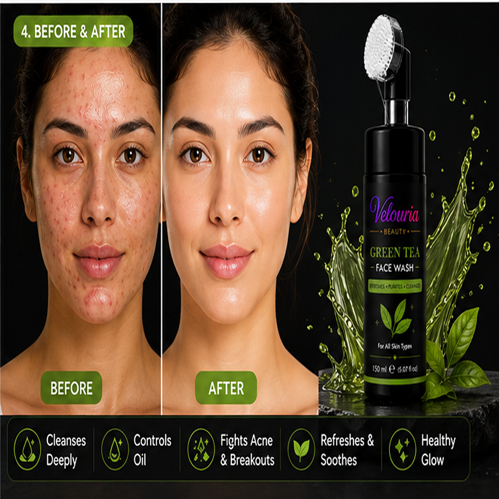 Velouria Beauty Face Wash with Built-in Soft Brush | Deep Cleansing & Glow Boosting Face Cleanser for Men & Women | Brightens, Cleanses & Refreshes | For All Skin Types | 150 ml (Green Tea Facewash 150ml)
