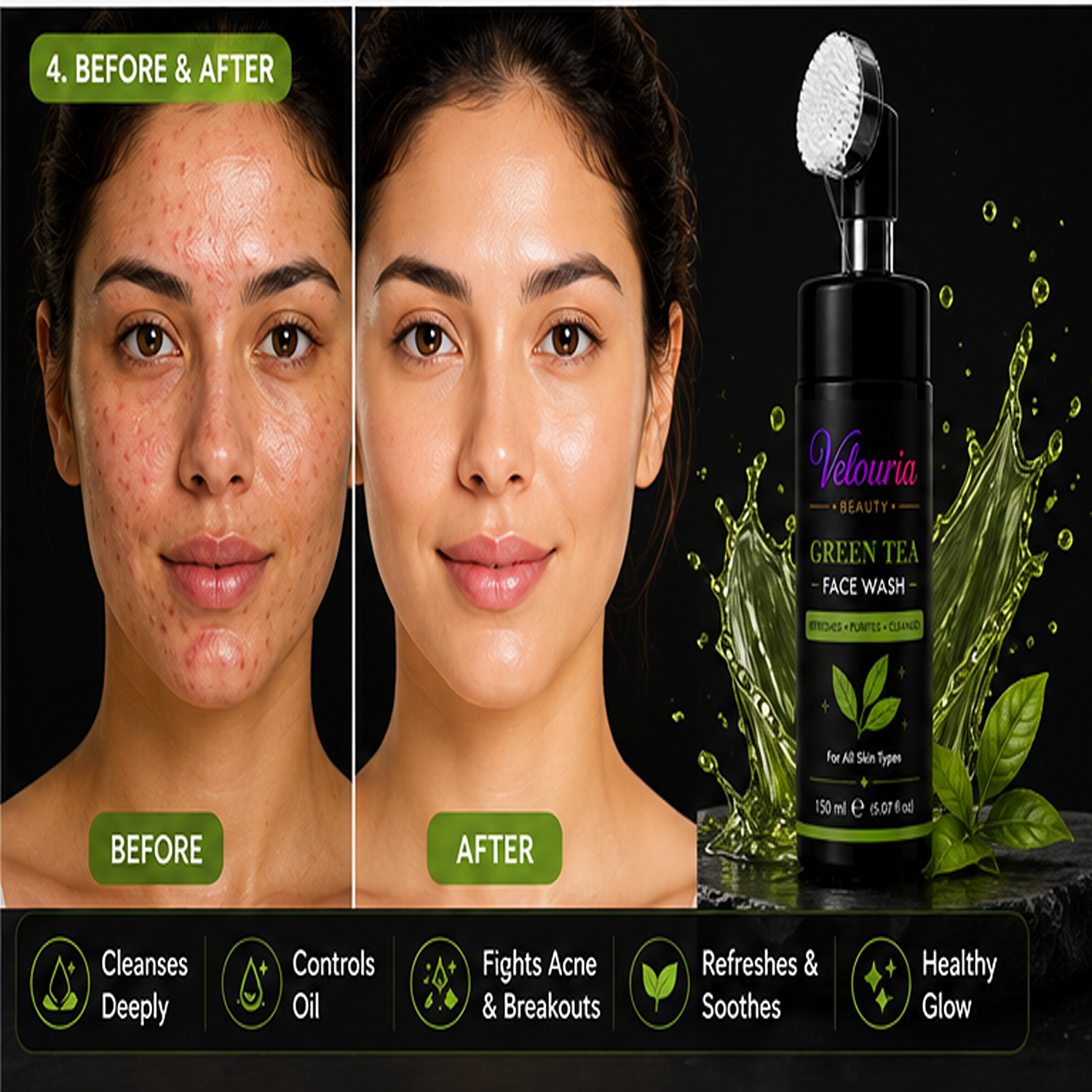 Velouria Beauty Face Wash with Built-in Soft Brush | Deep Cleansing & Glow Boosting Face Cleanser for Men & Women | Brightens, Cleanses & Refreshes | For All Skin Types | 150 ml (Green Tea Facewash 150ml)