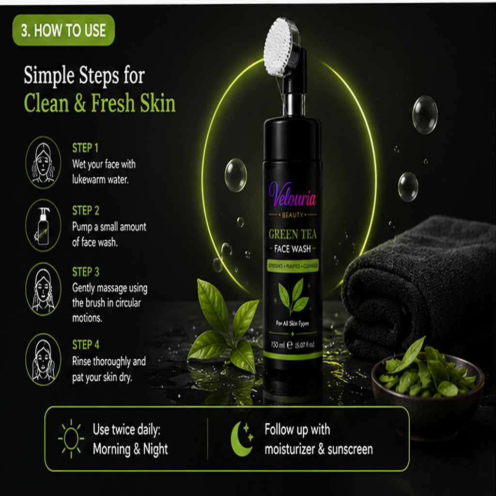 Velouria Beauty Face Wash with Built-in Soft Brush | Deep Cleansing & Glow Boosting Face Cleanser for Men & Women | Brightens, Cleanses & Refreshes | For All Skin Types | 150 ml (Green Tea Facewash 150ml)
