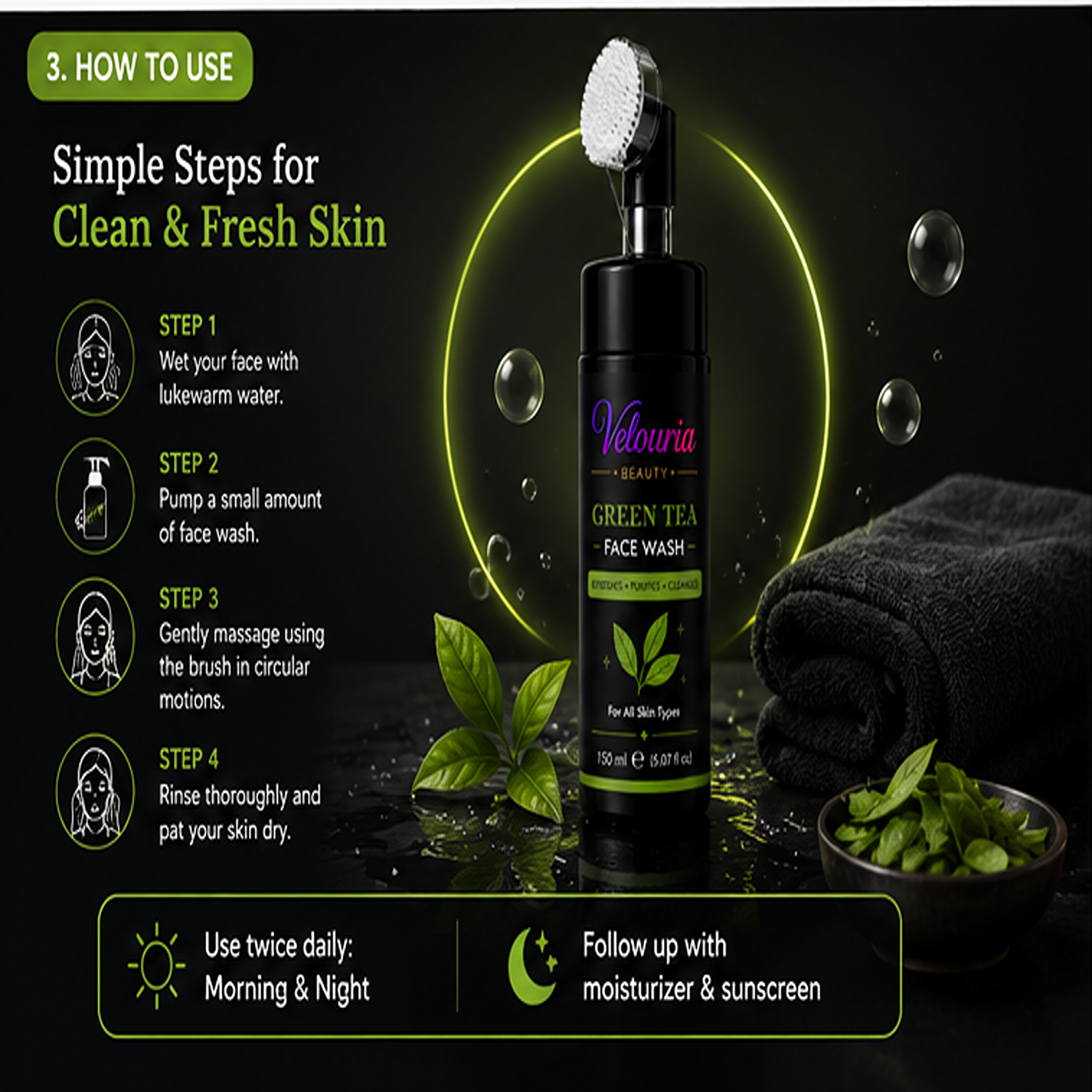 Velouria Beauty Face Wash with Built-in Soft Brush | Deep Cleansing & Glow Boosting Face Cleanser for Men & Women | Brightens, Cleanses & Refreshes | For All Skin Types | 150 ml (Green Tea Facewash 150ml)