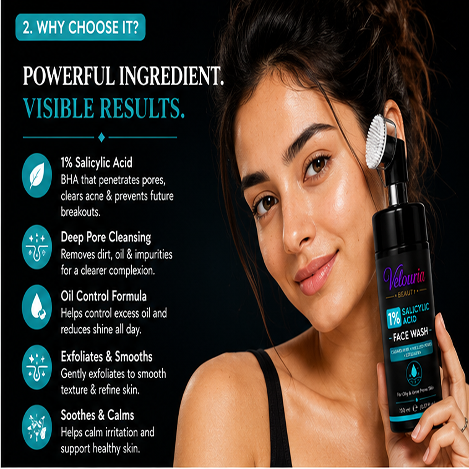 Velouria Beauty Face Wash with Built-in Soft Brush | Deep Cleansing & Glow Boosting Face Cleanser for Men & Women | Brightens, Cleanses & Refreshes | For All Skin Types | 150 ml (1% Salicylic Facewash 150ml)