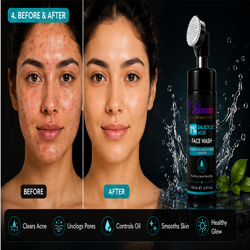 Velouria Beauty Face Wash with Built-in Soft Brush | Deep Cleansing & Glow Boosting Face Cleanser for Men & Women | Brightens, Cleanses & Refreshes | For All Skin Types | 150 ml (1% Salicylic Facewash 150ml)