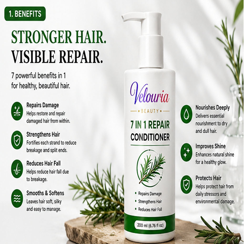 Velouria Beauty Conditioner for Dry & Damaged Hair | Repairs Damage, Strengthens Hair & Reduces Breakage | Smooth & Nourishing Hair Conditioner for Men & Women | 200 ml (7 in 1 Conditioner)