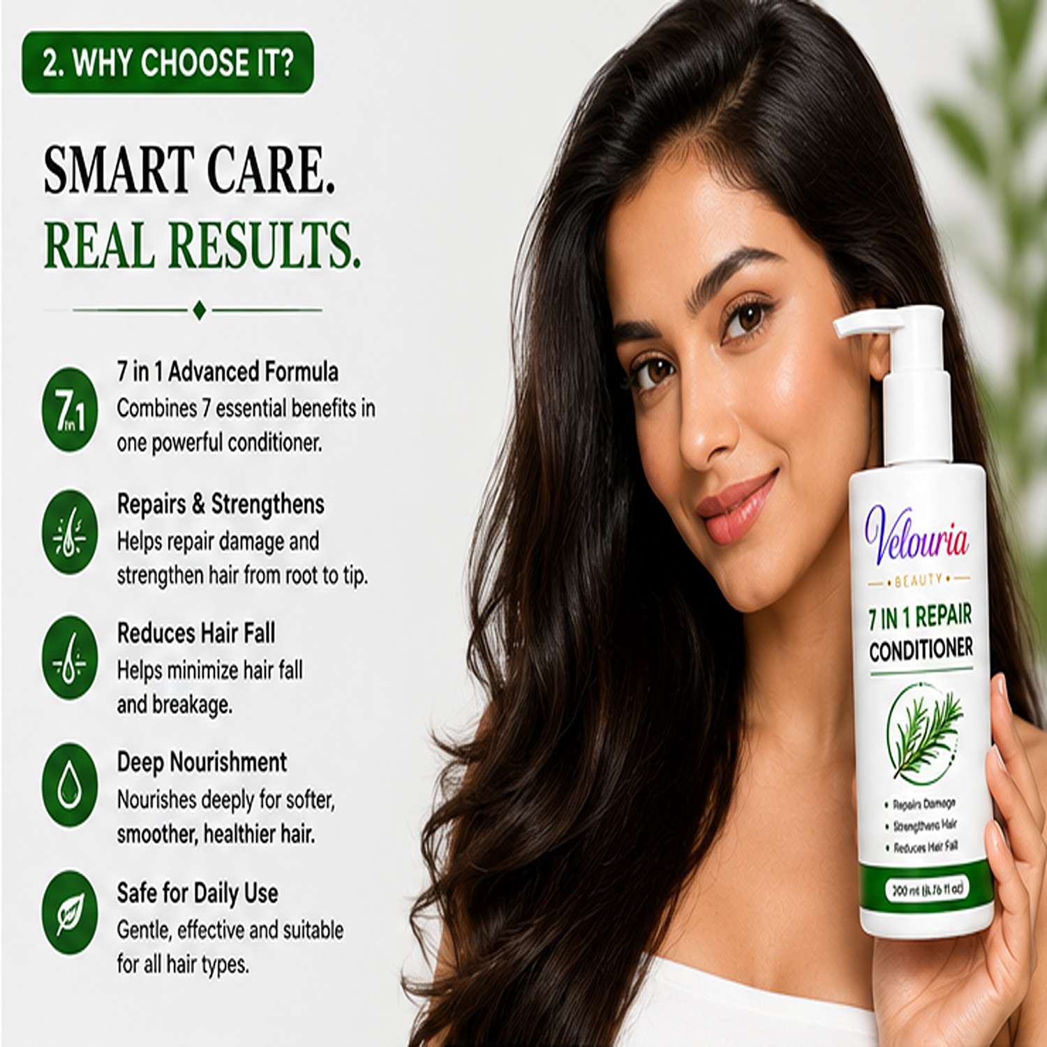 Velouria Beauty Conditioner for Dry & Damaged Hair | Repairs Damage, Strengthens Hair & Reduces Breakage | Smooth & Nourishing Hair Conditioner for Men & Women | 200 ml (7 in 1 Conditioner)