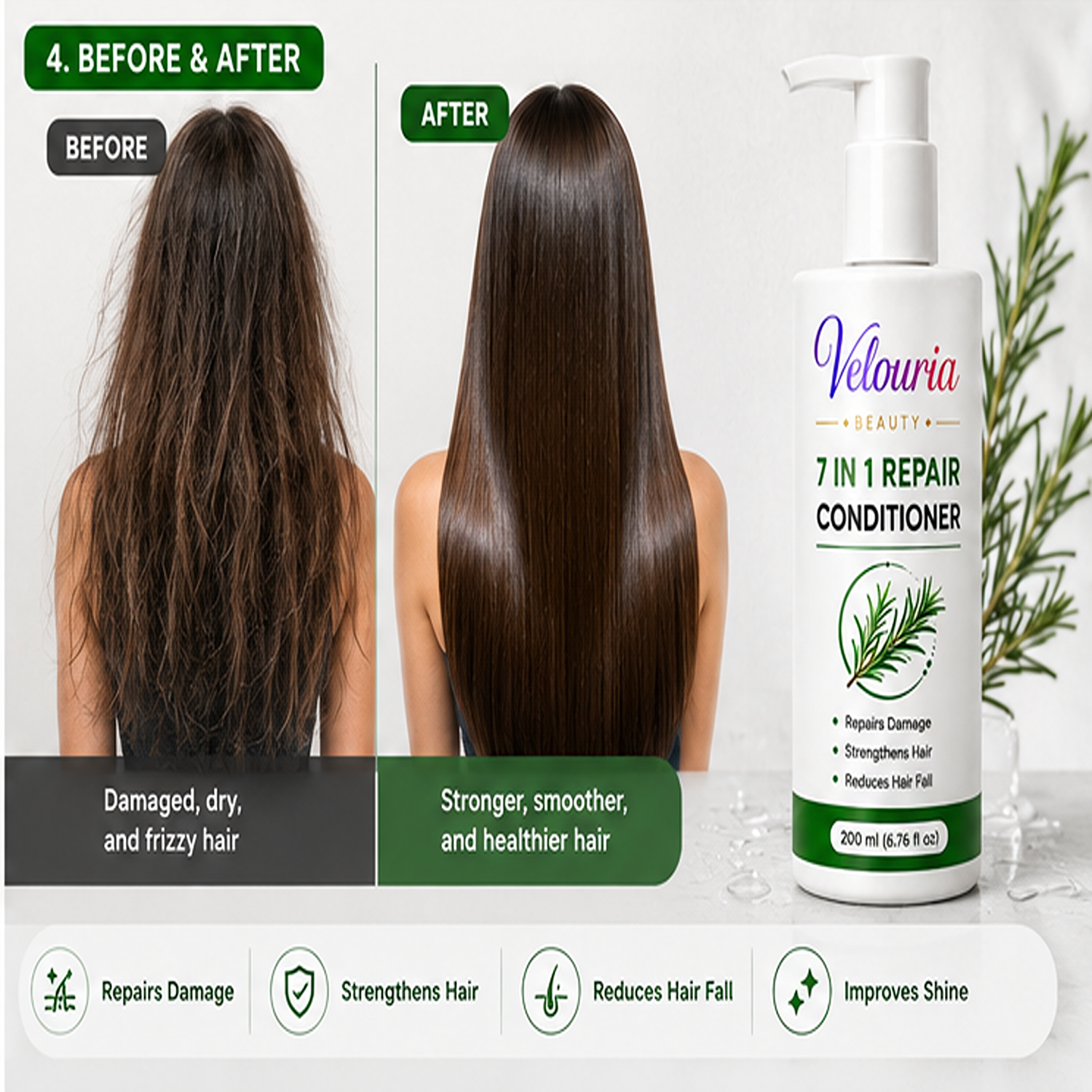 Velouria Beauty Conditioner for Dry & Damaged Hair | Repairs Damage, Strengthens Hair & Reduces Breakage | Smooth & Nourishing Hair Conditioner for Men & Women | 200 ml (7 in 1 Conditioner)