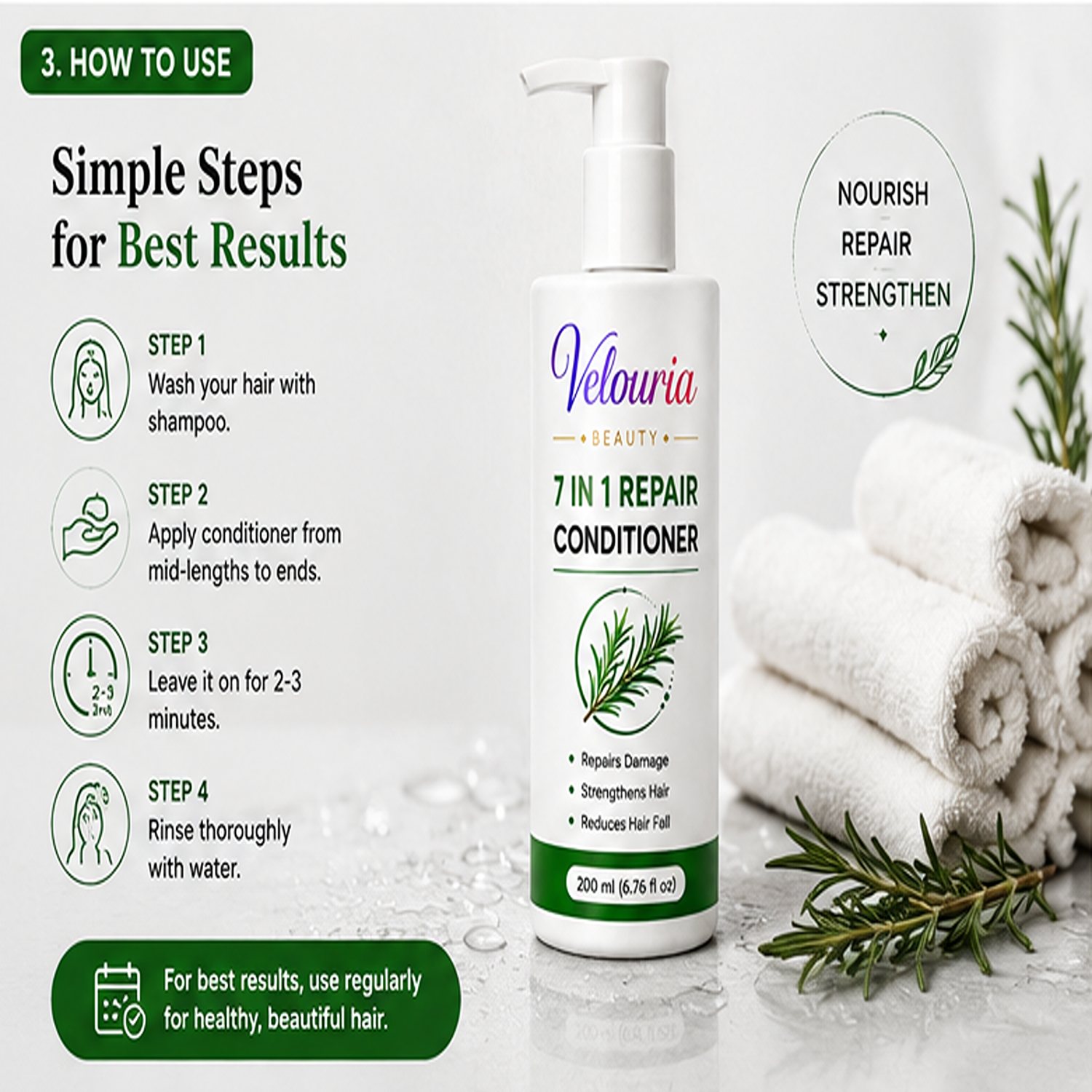 Velouria Beauty Conditioner for Dry & Damaged Hair | Repairs Damage, Strengthens Hair & Reduces Breakage | Smooth & Nourishing Hair Conditioner for Men & Women | 200 ml (7 in 1 Conditioner)