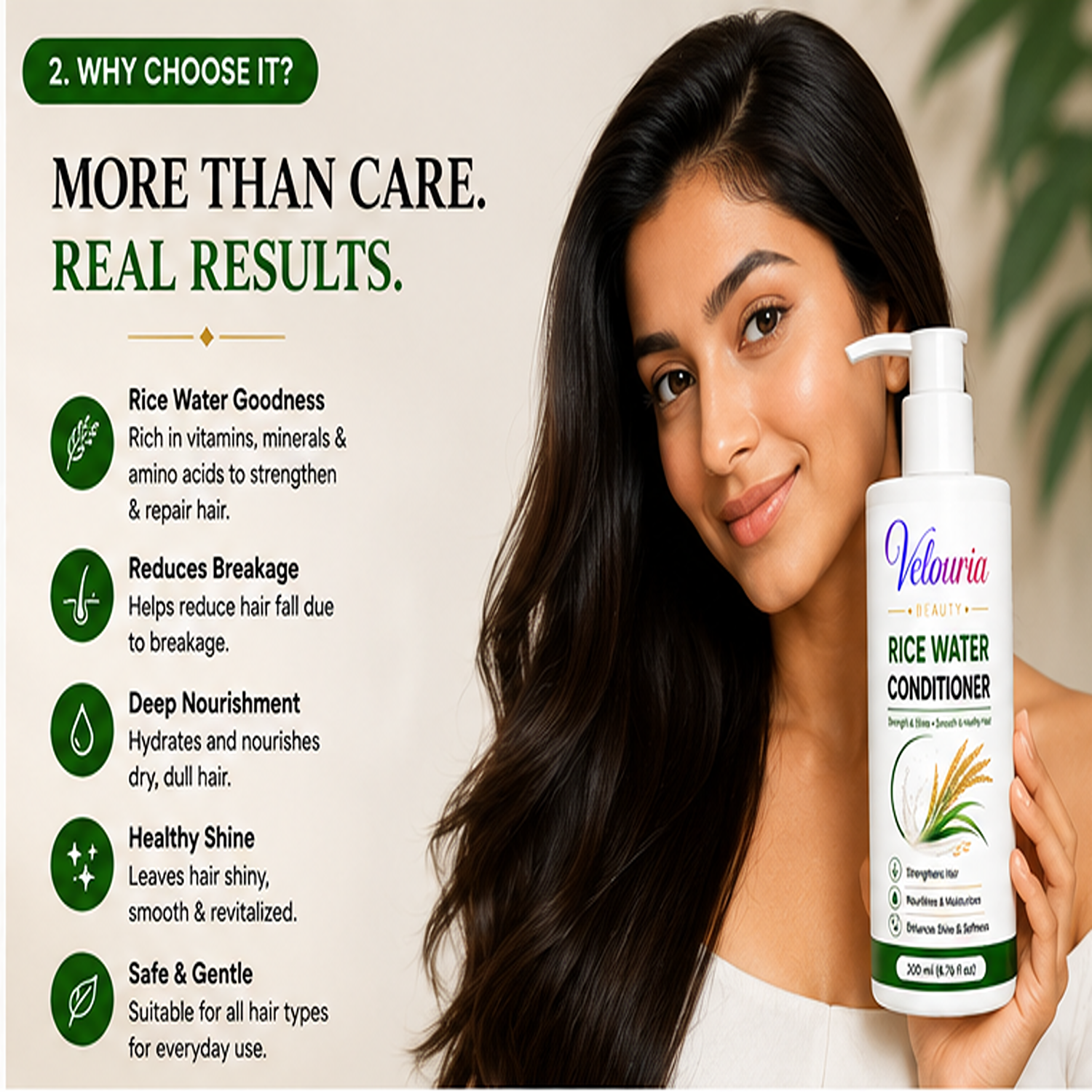Velouria Beauty Conditioner for Dry & Damaged Hair | Repairs Damage, Strengthens Hair & Reduces Breakage | Smooth & Nourishing Hair Conditioner for Men & Women | 200 ml (Rice Water Conditioner)