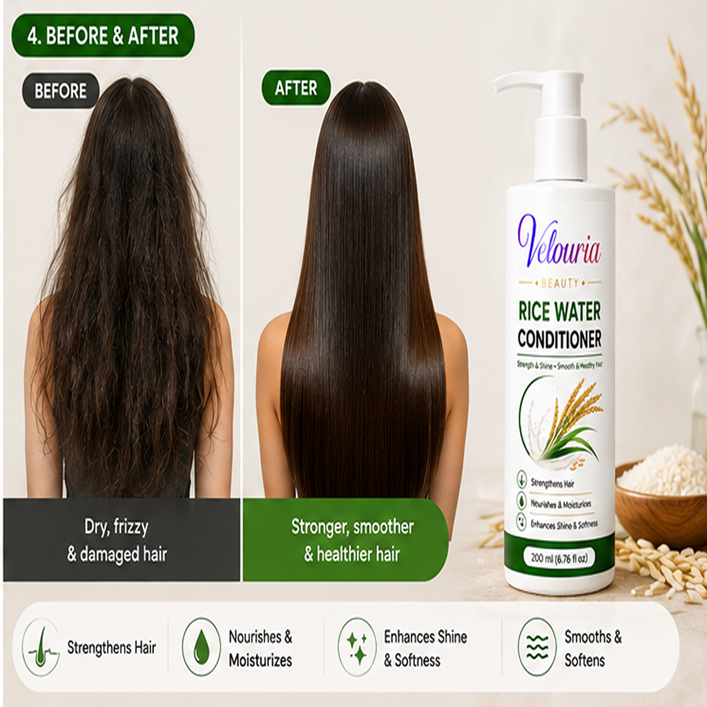 Velouria Beauty Conditioner for Dry & Damaged Hair | Repairs Damage, Strengthens Hair & Reduces Breakage | Smooth & Nourishing Hair Conditioner for Men & Women | 200 ml (Rice Water Conditioner)
