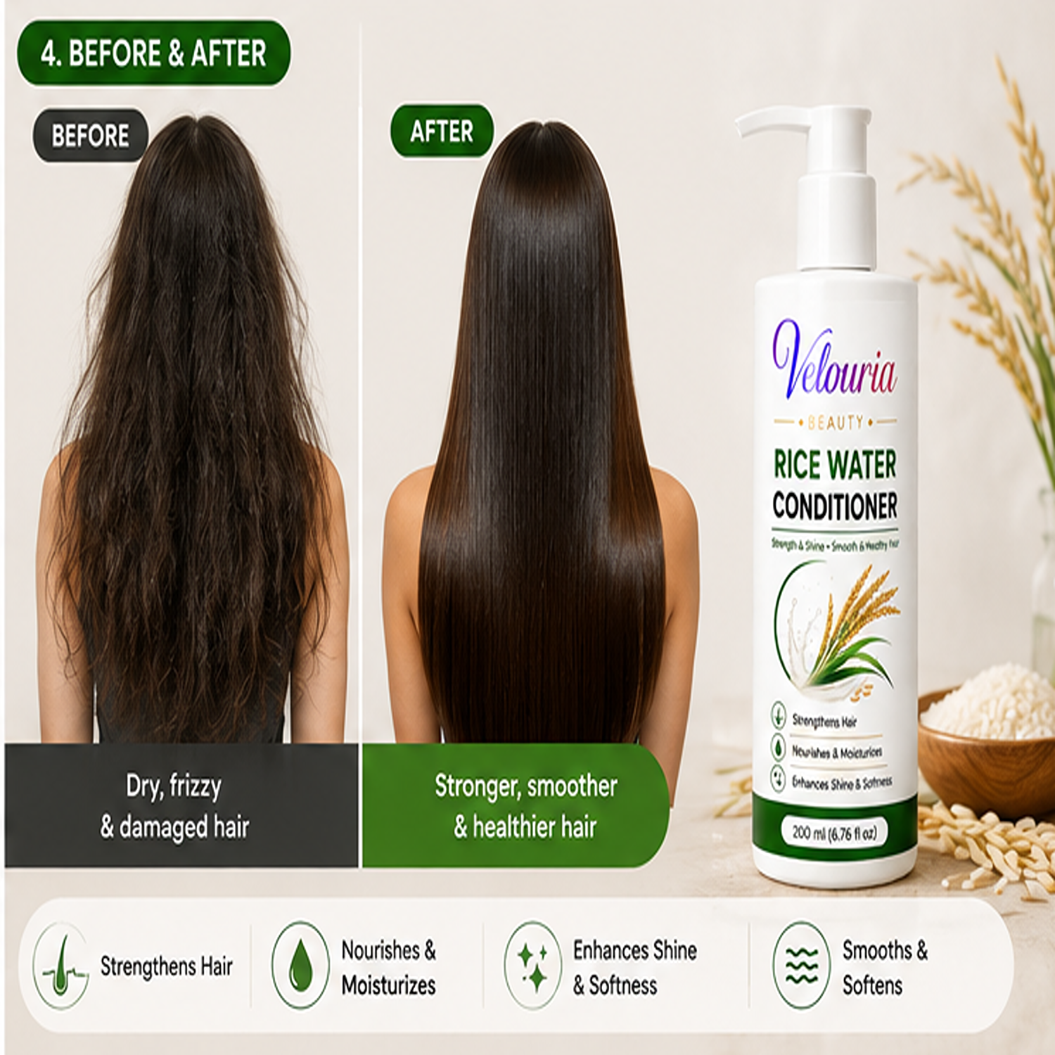 Velouria Beauty Conditioner for Dry & Damaged Hair | Repairs Damage, Strengthens Hair & Reduces Breakage | Smooth & Nourishing Hair Conditioner for Men & Women | 200 ml (Rice Water Conditioner)