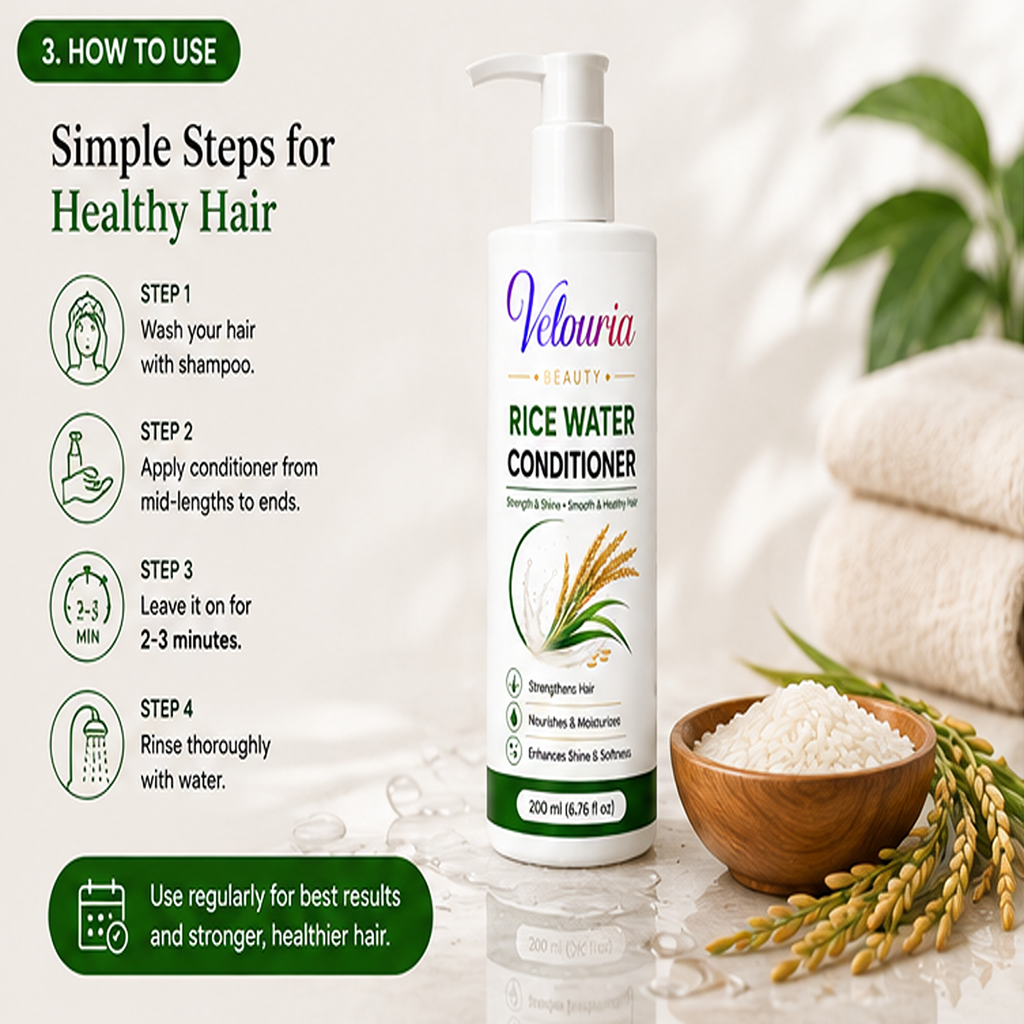 Velouria Beauty Conditioner for Dry & Damaged Hair | Repairs Damage, Strengthens Hair & Reduces Breakage | Smooth & Nourishing Hair Conditioner for Men & Women | 200 ml (Rice Water Conditioner)