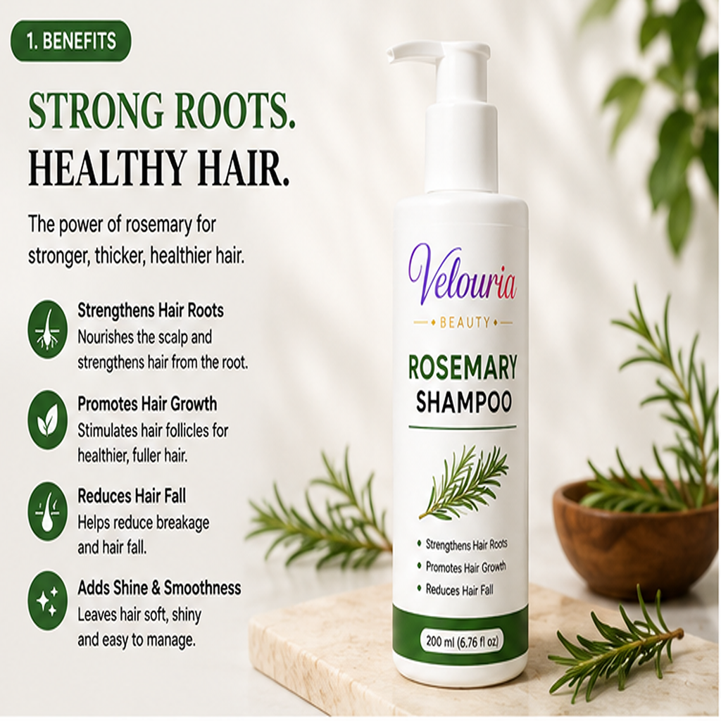 Velouria Beauty Shampoo for Hair Growth & Hair Fall Control | Strengthens Hair Roots & Nourishes Scalp | Mild Daily Use for Men & Women | 200 ml (Rosemary Shampoo)