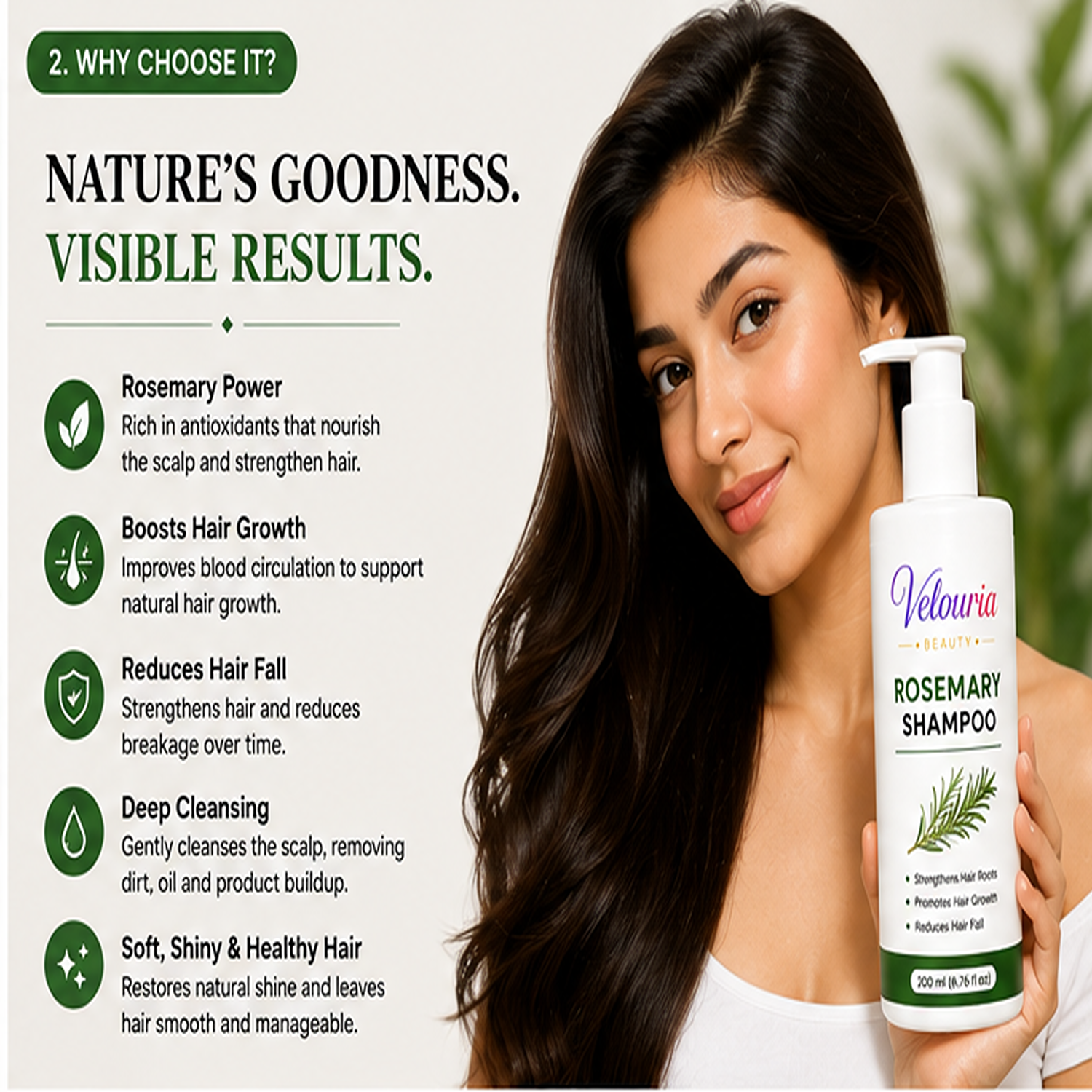 Velouria Beauty Shampoo for Hair Growth & Hair Fall Control | Strengthens Hair Roots & Nourishes Scalp | Mild Daily Use for Men & Women | 200 ml (Rosemary Shampoo)