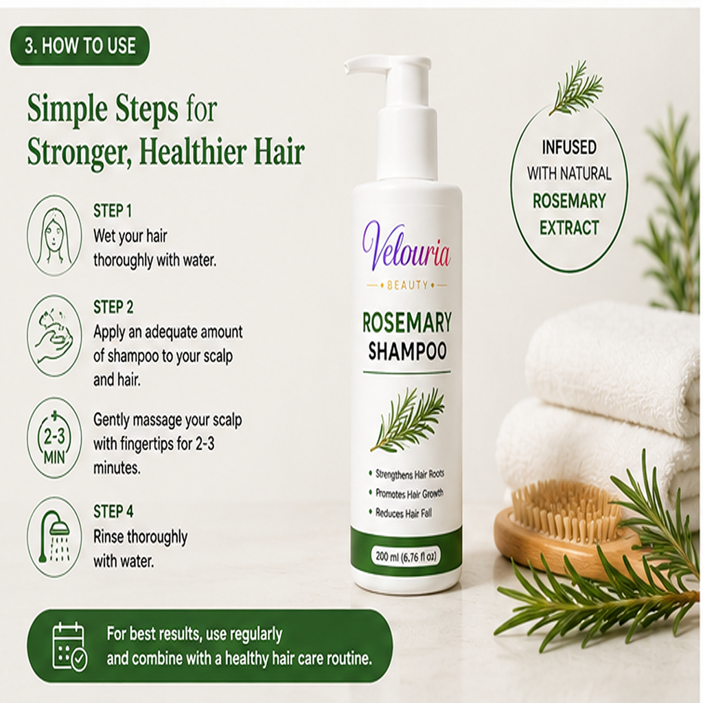 Velouria Beauty Shampoo for Hair Growth & Hair Fall Control | Strengthens Hair Roots & Nourishes Scalp | Mild Daily Use for Men & Women | 200 ml (Rosemary Shampoo)