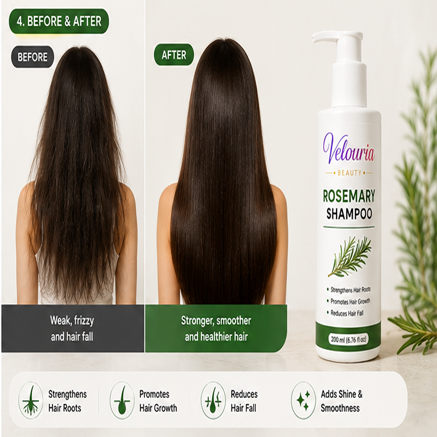 Velouria Beauty Shampoo for Hair Growth & Hair Fall Control | Strengthens Hair Roots & Nourishes Scalp | Mild Daily Use for Men & Women | 200 ml (Rosemary Shampoo)