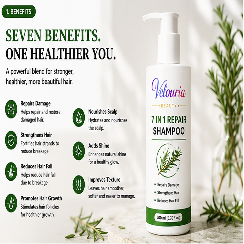 Velouria Beauty Shampoo for Hair Growth & Hair Fall Control | Strengthens Hair Roots & Nourishes Scalp | Mild Daily Use for Men & Women | 200 ml (7 in 1 Repair Shampoo)