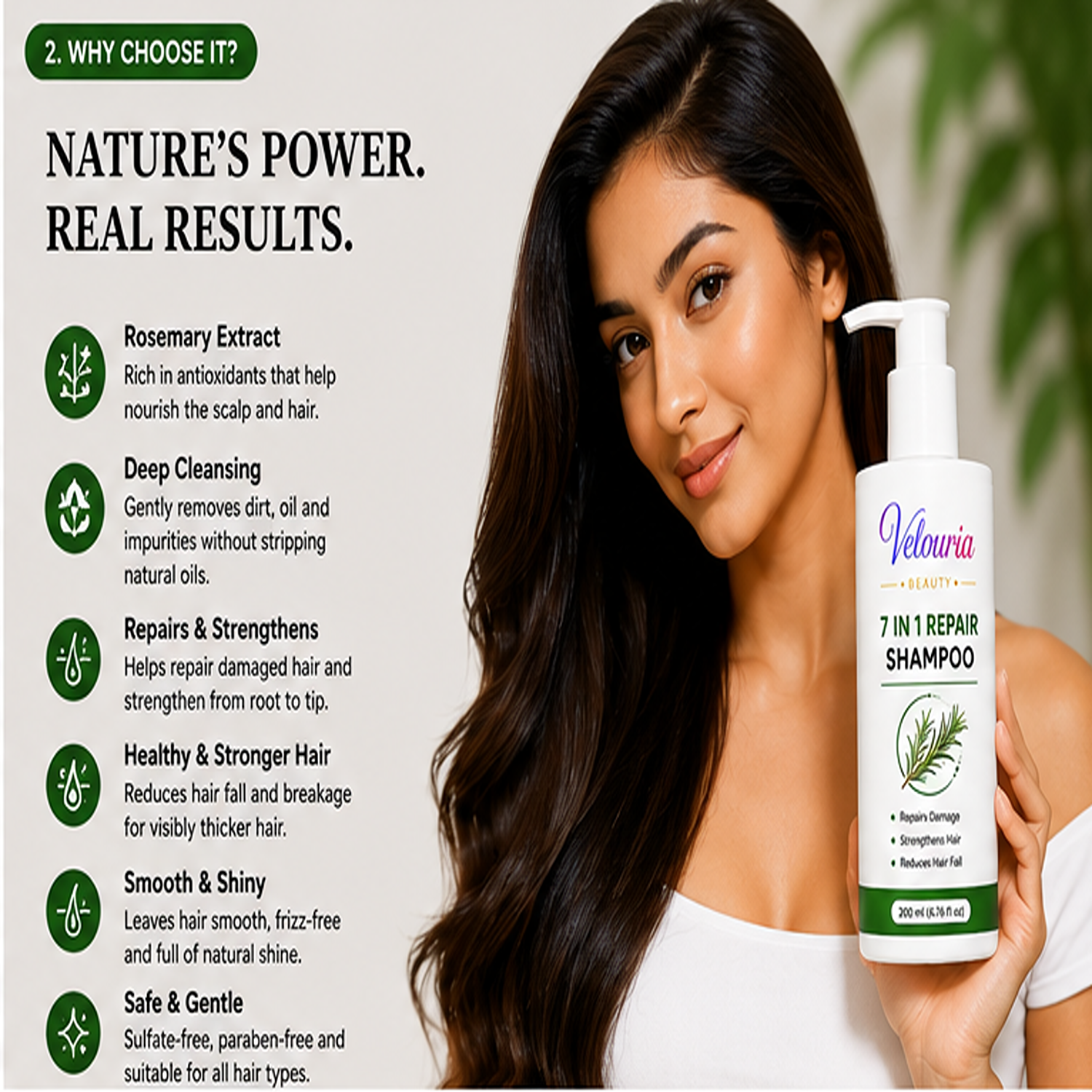 Velouria Beauty Shampoo for Hair Growth & Hair Fall Control | Strengthens Hair Roots & Nourishes Scalp | Mild Daily Use for Men & Women | 200 ml (7 in 1 Repair Shampoo)