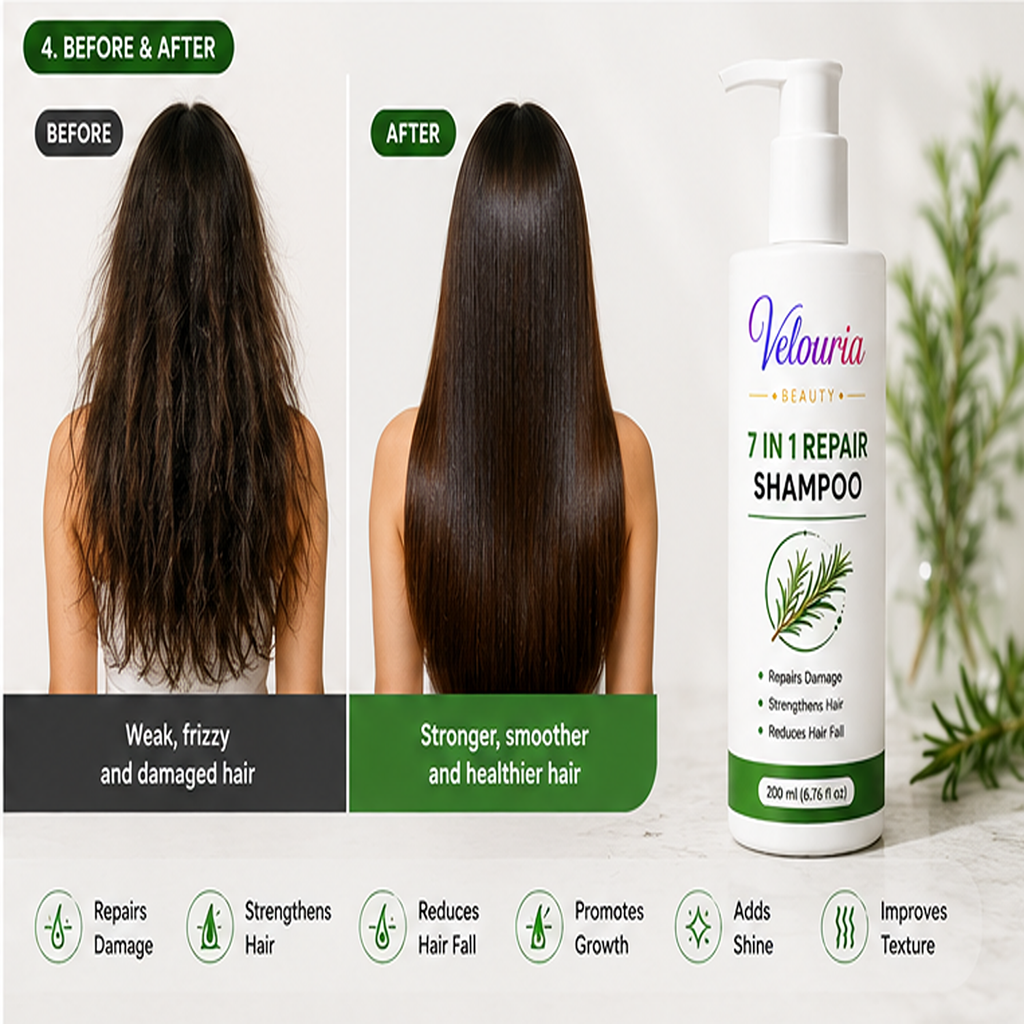 Velouria Beauty Shampoo for Hair Growth & Hair Fall Control | Strengthens Hair Roots & Nourishes Scalp | Mild Daily Use for Men & Women | 200 ml (7 in 1 Repair Shampoo)