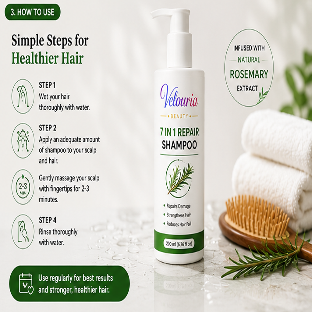 Velouria Beauty Shampoo for Hair Growth & Hair Fall Control | Strengthens Hair Roots & Nourishes Scalp | Mild Daily Use for Men & Women | 200 ml (7 in 1 Repair Shampoo)