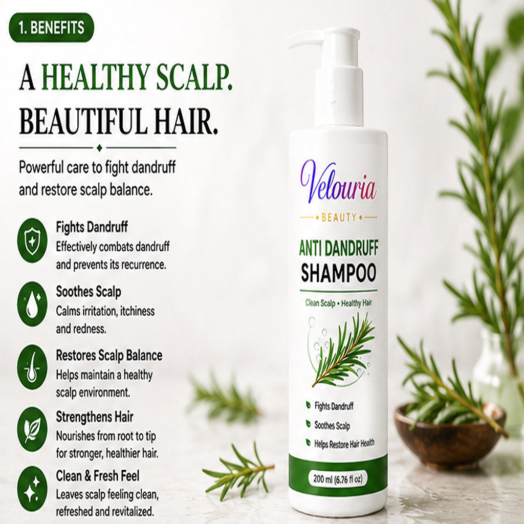Velouria Beauty Shampoo for Hair Growth & Hair Fall Control | Strengthens Hair Roots & Nourishes Scalp | Mild Daily Use for Men & Women | 200 ml (Anti Dandruff Shampoo)