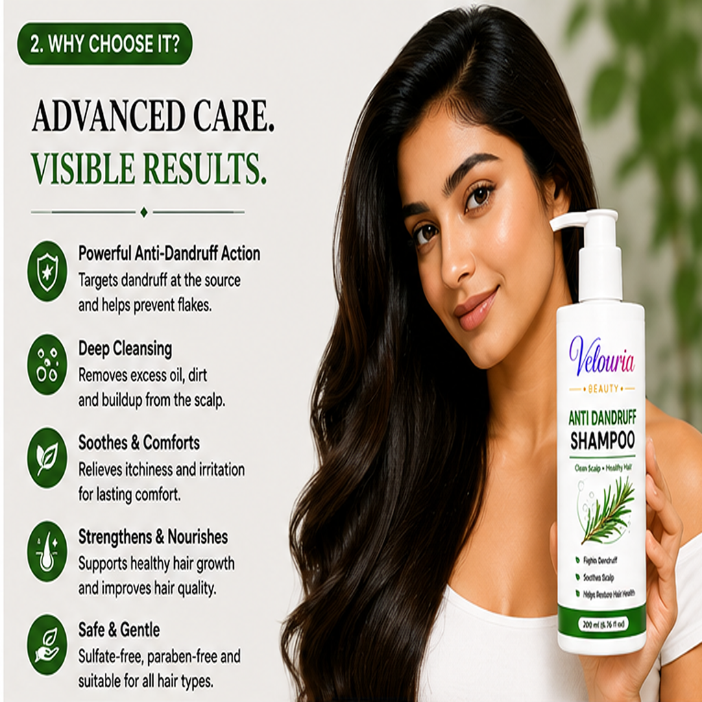 Velouria Beauty Shampoo for Hair Growth & Hair Fall Control | Strengthens Hair Roots & Nourishes Scalp | Mild Daily Use for Men & Women | 200 ml (Anti Dandruff Shampoo)