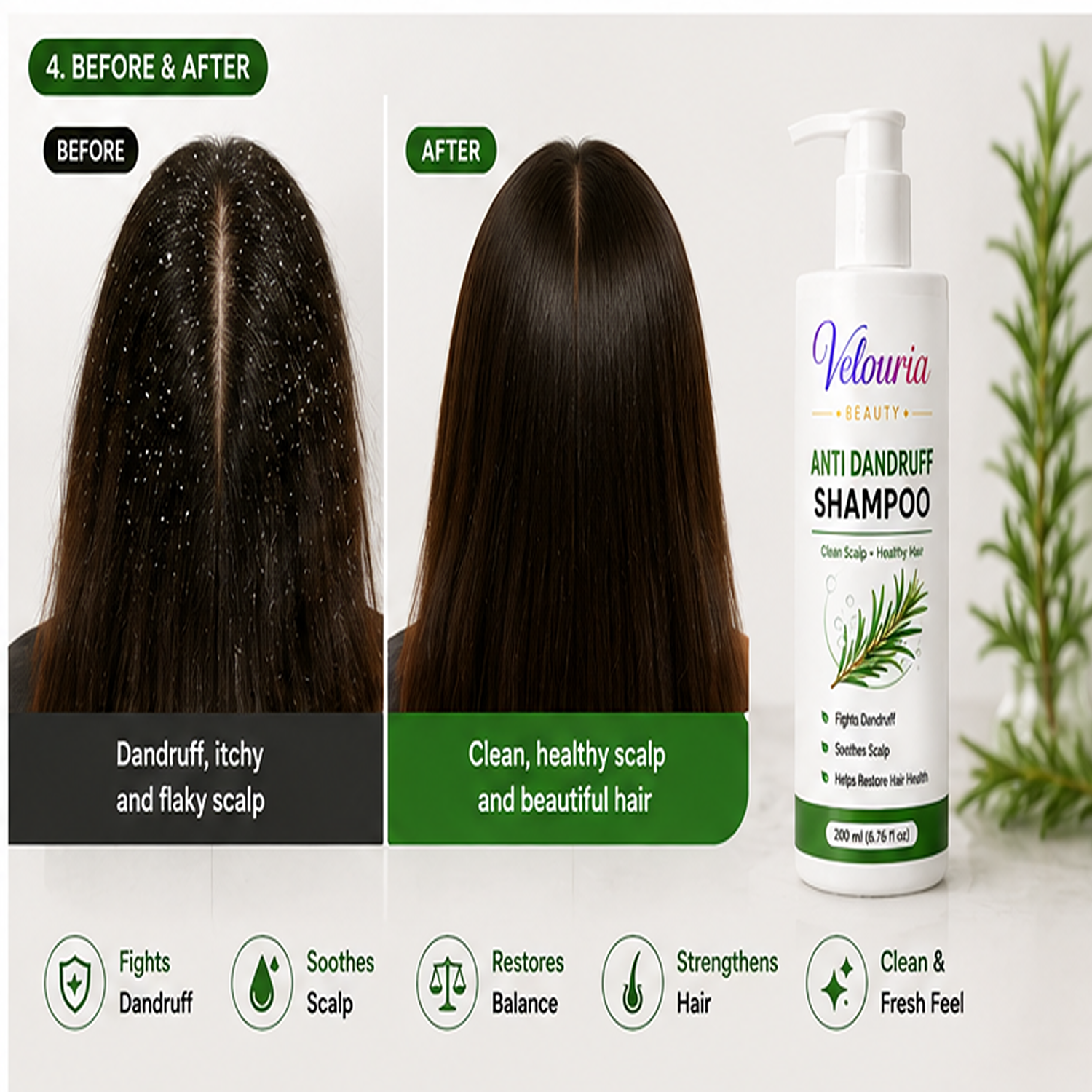 Velouria Beauty Shampoo for Hair Growth & Hair Fall Control | Strengthens Hair Roots & Nourishes Scalp | Mild Daily Use for Men & Women | 200 ml (Anti Dandruff Shampoo)