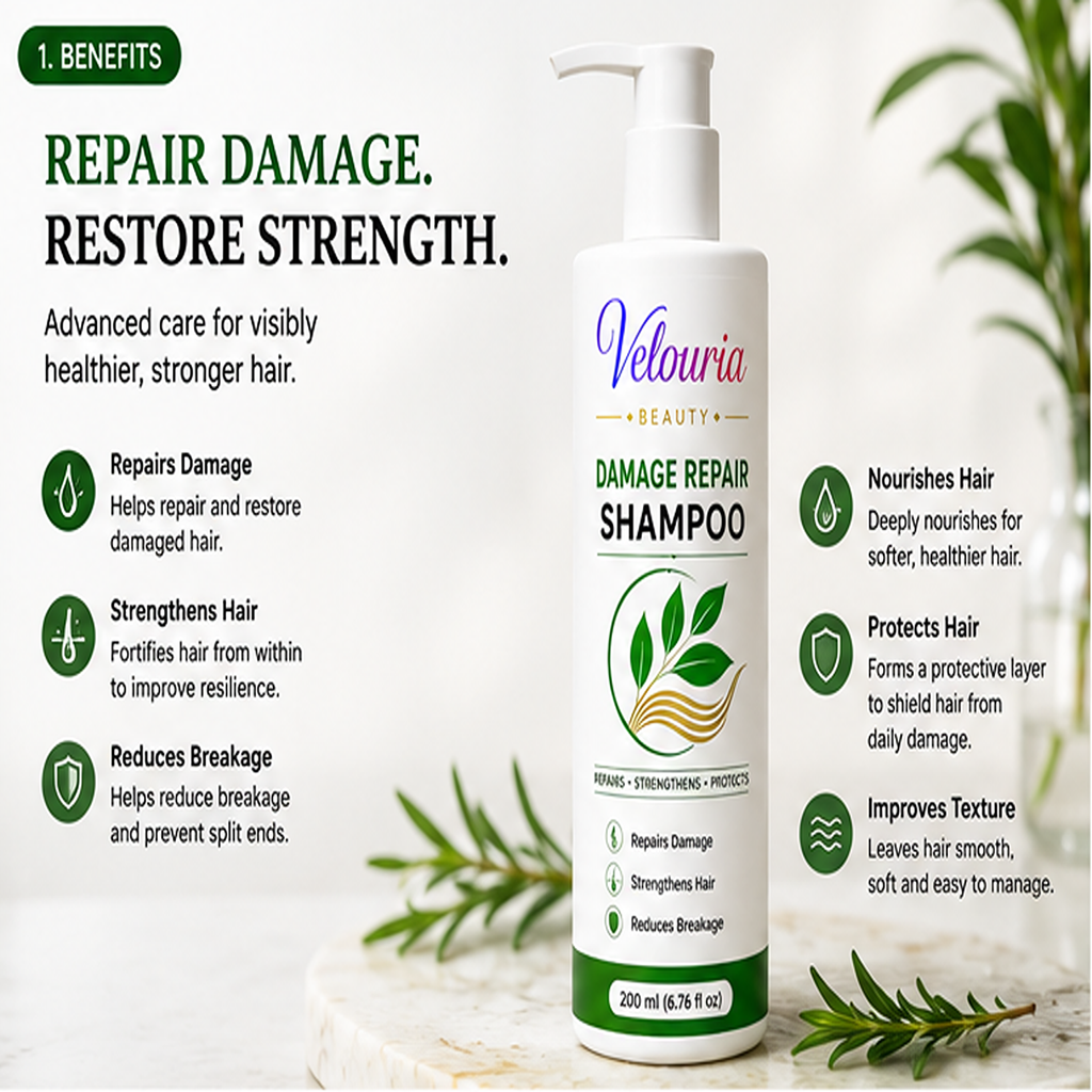 Velouria Beauty Shampoo for Hair Growth & Hair Fall Control | Strengthens Hair Roots & Nourishes Scalp | Mild Daily Use for Men & Women | 200 ml (Damage Repair Shampoo)