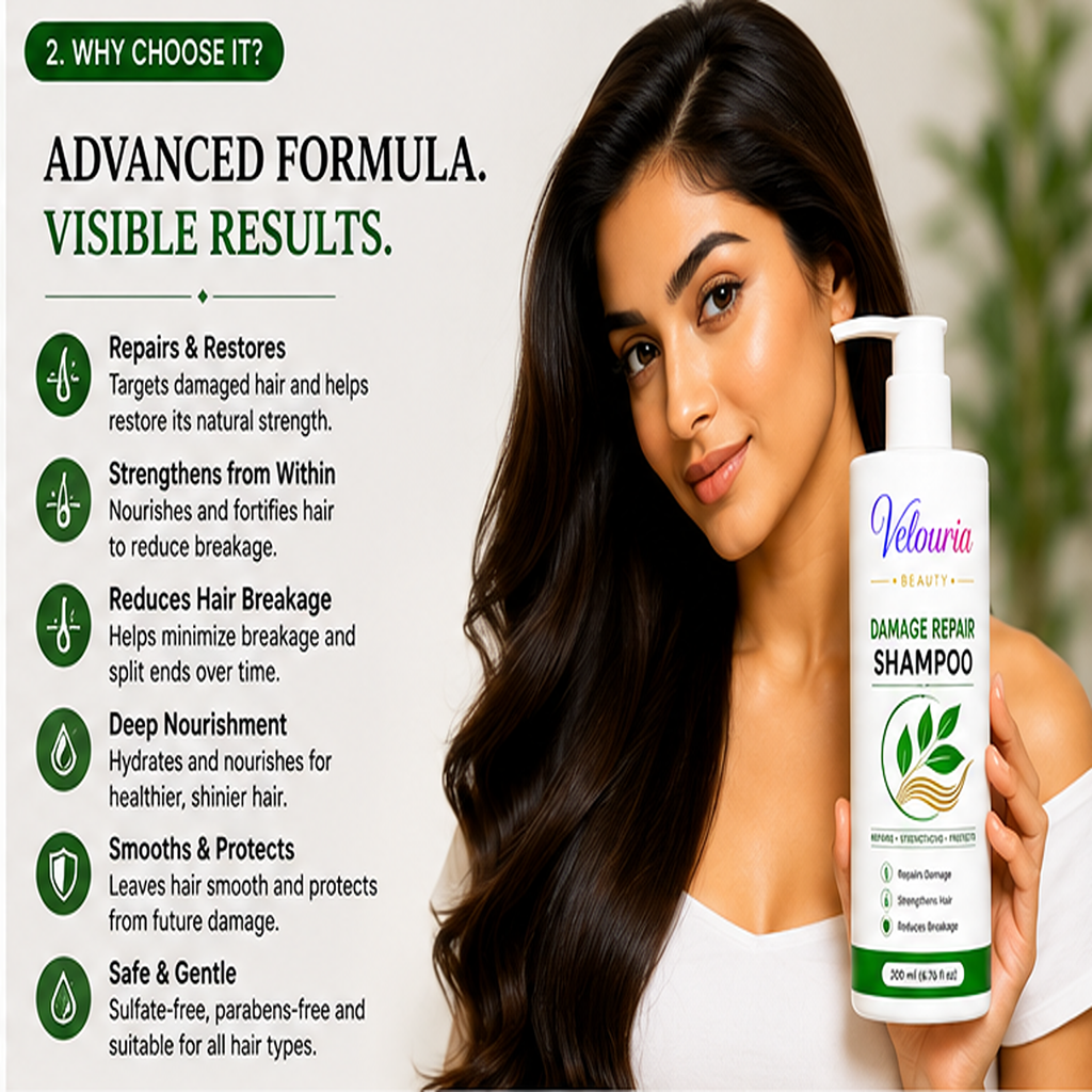 Velouria Beauty Shampoo for Hair Growth & Hair Fall Control | Strengthens Hair Roots & Nourishes Scalp | Mild Daily Use for Men & Women | 200 ml (Damage Repair Shampoo)