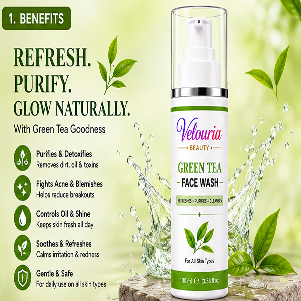 Velouria Beauty Face Wash for Glowing & Fresh Skin | Deep Cleansing Daily Face Cleanser for Men & Women | Brightens, Cleanses & Refreshes | For All Skin Types | 100 ml (Green Tea Facewash 100ml)