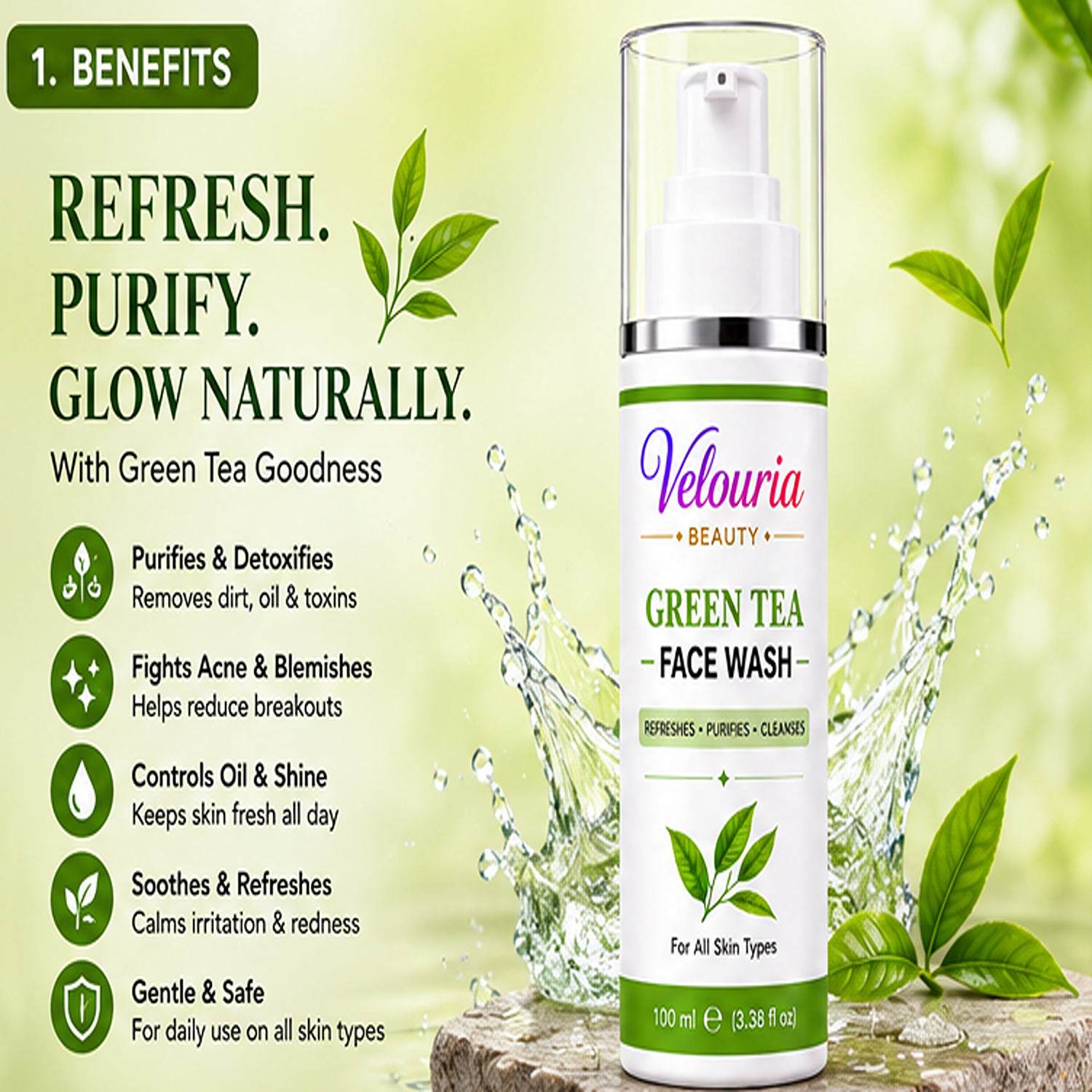 Velouria Beauty Face Wash for Glowing & Fresh Skin | Deep Cleansing Daily Face Cleanser for Men & Women | Brightens, Cleanses & Refreshes | For All Skin Types | 100 ml (Green Tea Facewash 100ml)
