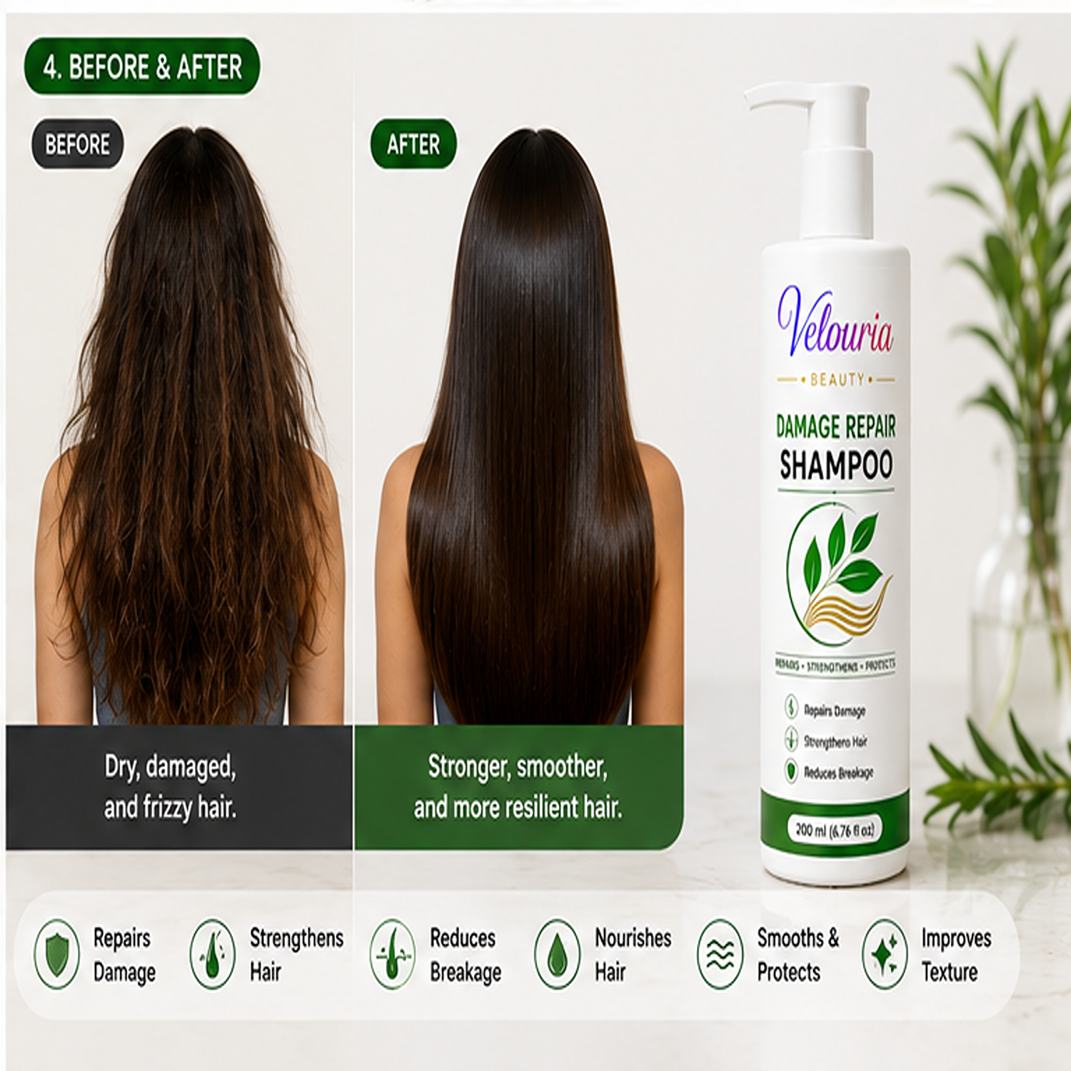 Velouria Beauty Shampoo for Hair Growth & Hair Fall Control | Strengthens Hair Roots & Nourishes Scalp | Mild Daily Use for Men & Women | 200 ml (Damage Repair Shampoo)