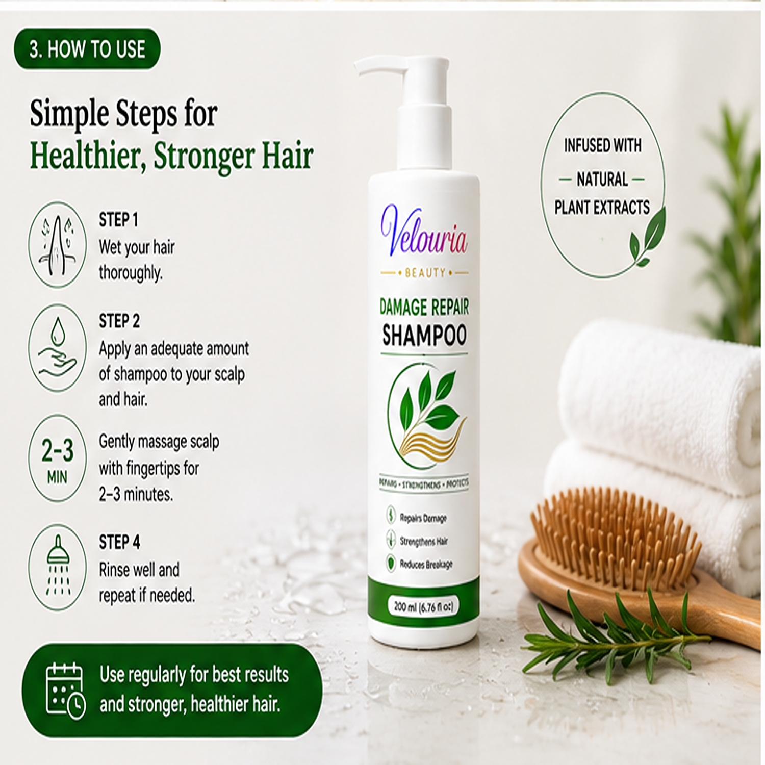 Velouria Beauty Shampoo for Hair Growth & Hair Fall Control | Strengthens Hair Roots & Nourishes Scalp | Mild Daily Use for Men & Women | 200 ml (Damage Repair Shampoo)