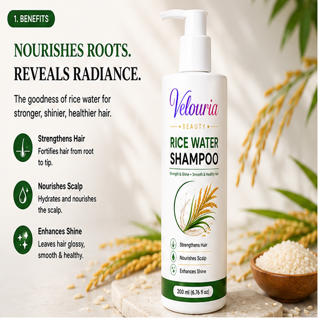 Velouria Beauty Shampoo for Hair Growth & Hair Fall Control | Strengthens Hair Roots & Nourishes Scalp | Mild Daily Use for Men & Women | 200 ml (Rice Water Shampoo)