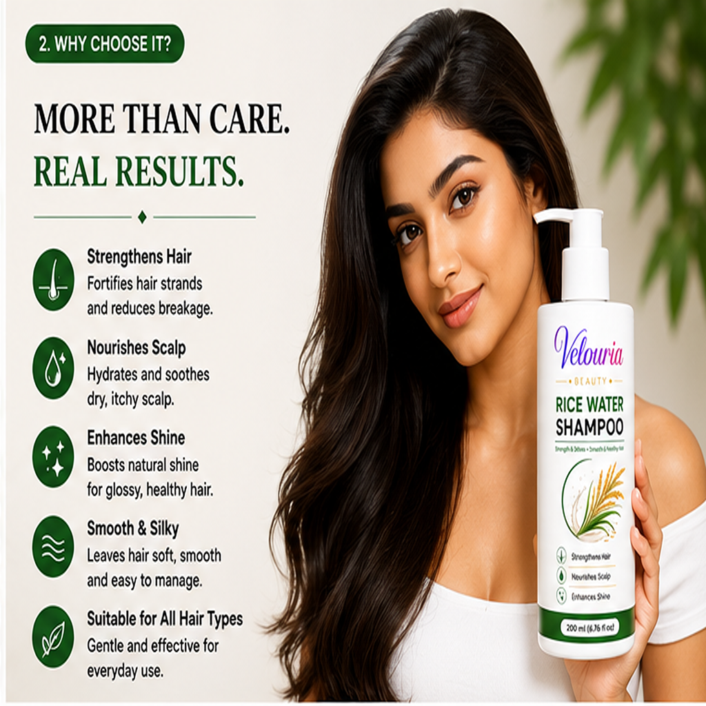 Velouria Beauty Shampoo for Hair Growth & Hair Fall Control | Strengthens Hair Roots & Nourishes Scalp | Mild Daily Use for Men & Women | 200 ml (Rice Water Shampoo)