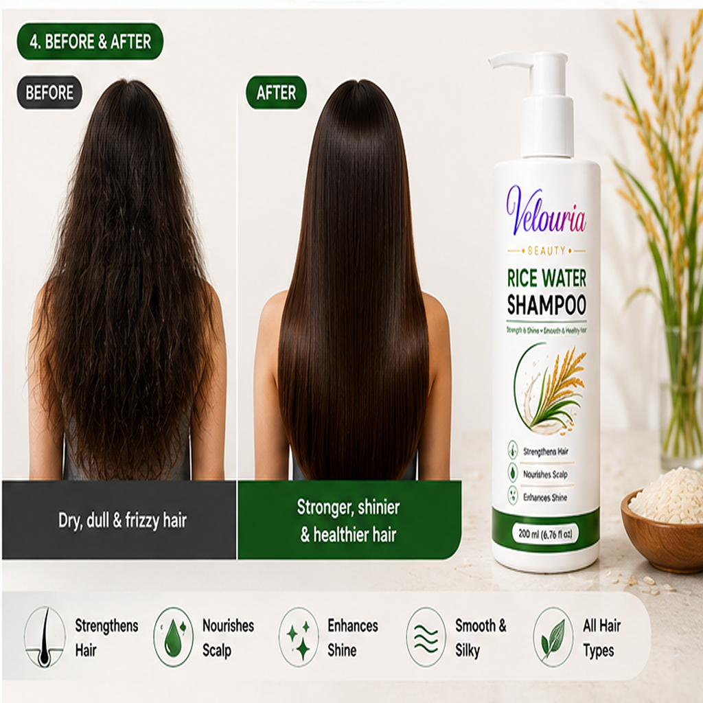 Velouria Beauty Shampoo for Hair Growth & Hair Fall Control | Strengthens Hair Roots & Nourishes Scalp | Mild Daily Use for Men & Women | 200 ml (Rice Water Shampoo)