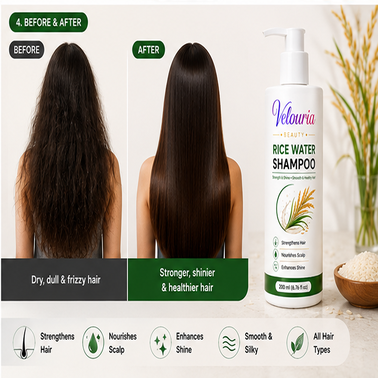 Velouria Beauty Shampoo for Hair Growth & Hair Fall Control | Strengthens Hair Roots & Nourishes Scalp | Mild Daily Use for Men & Women | 200 ml (Rice Water Shampoo)