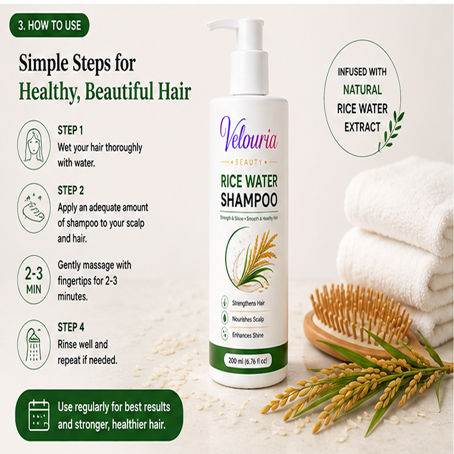 Velouria Beauty Shampoo for Hair Growth & Hair Fall Control | Strengthens Hair Roots & Nourishes Scalp | Mild Daily Use for Men & Women | 200 ml (Rice Water Shampoo)