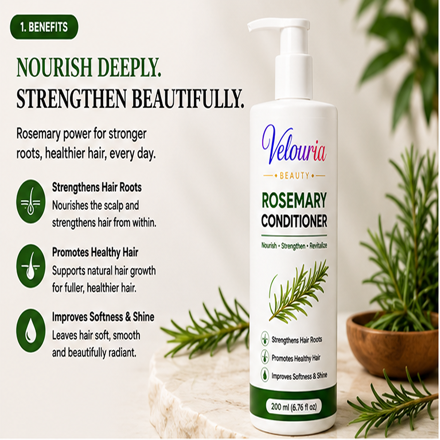 Velouria Beauty Conditioner for Dry & Damaged Hair | Repairs Damage, Strengthens Hair & Reduces Breakage | Smooth & Nourishing Hair Conditioner for Men & Women | 200 ml (Rosemary Conditioner)