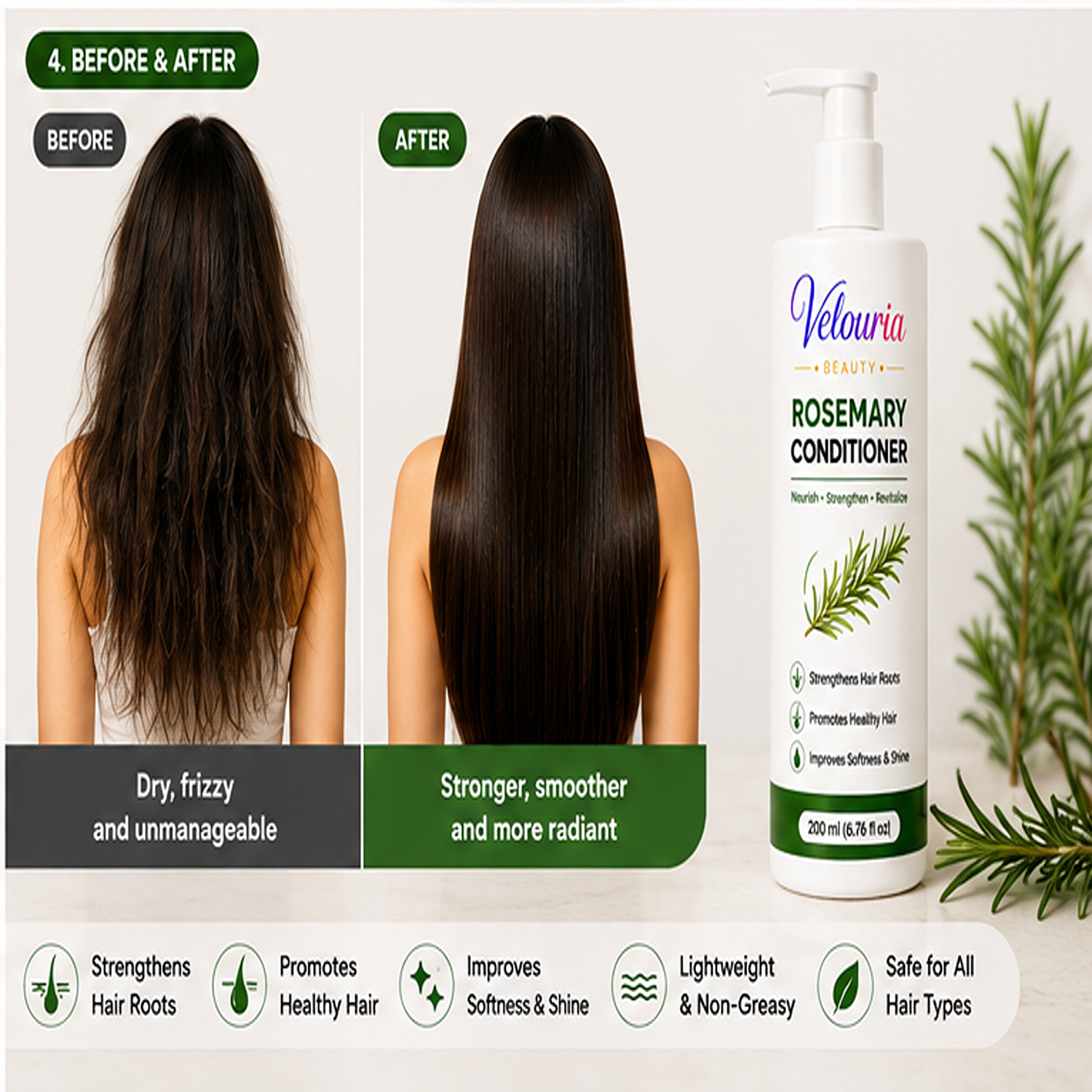 Velouria Beauty Conditioner for Dry & Damaged Hair | Repairs Damage, Strengthens Hair & Reduces Breakage | Smooth & Nourishing Hair Conditioner for Men & Women | 200 ml (Rosemary Conditioner)