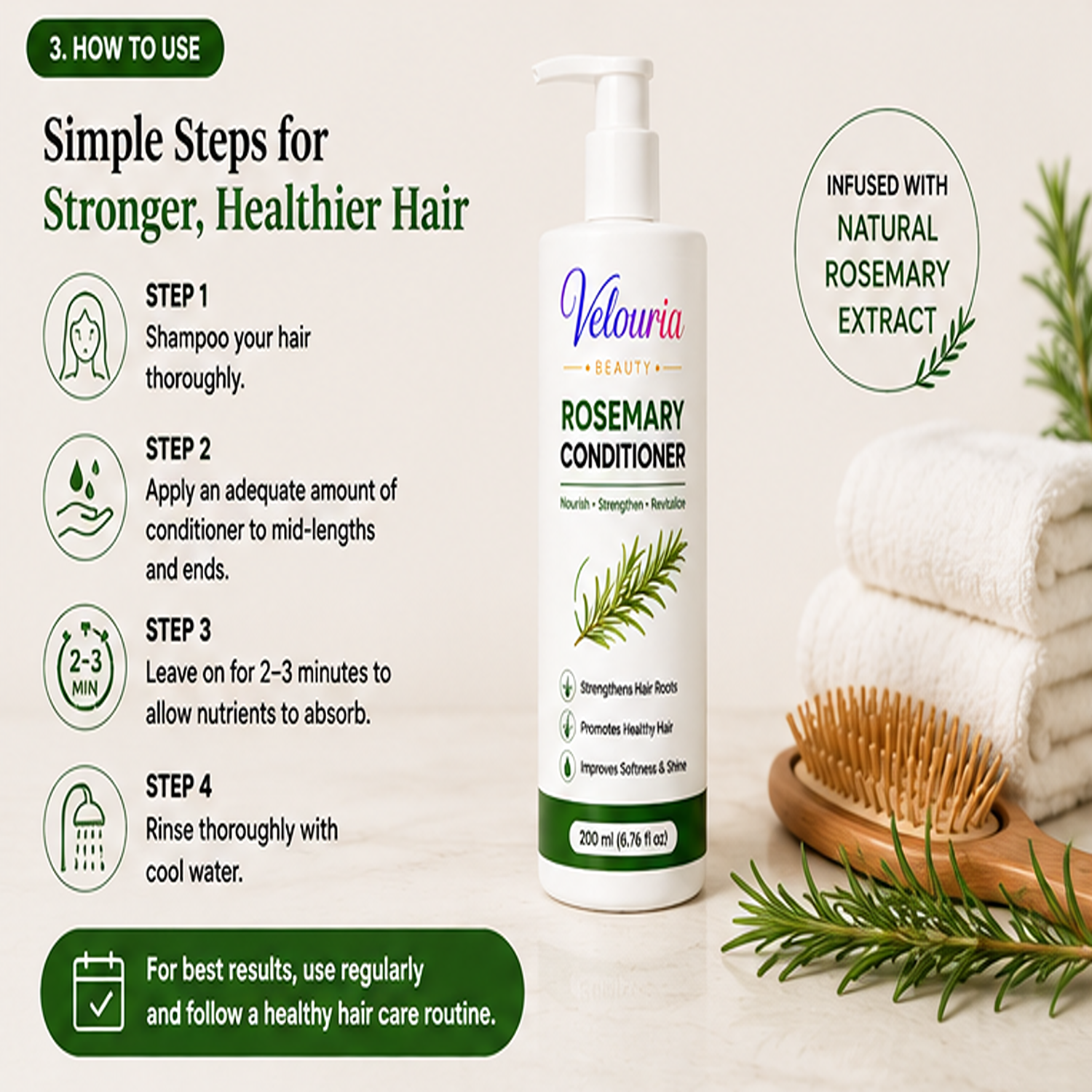 Velouria Beauty Conditioner for Dry & Damaged Hair | Repairs Damage, Strengthens Hair & Reduces Breakage | Smooth & Nourishing Hair Conditioner for Men & Women | 200 ml (Rosemary Conditioner)